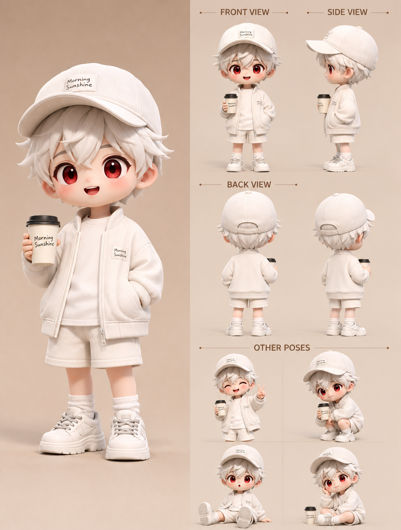 A cute 3D chibi character design sheet, a young boy with short messy white hair, big roun…