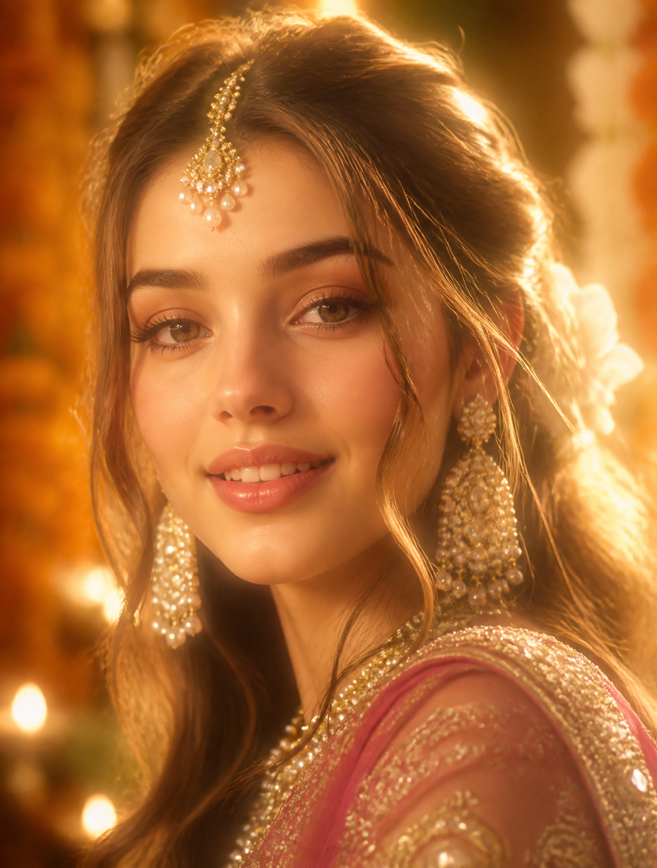 A striking portrait of a woman captured in a soft-focus, ethereal gaze, her face illumina…