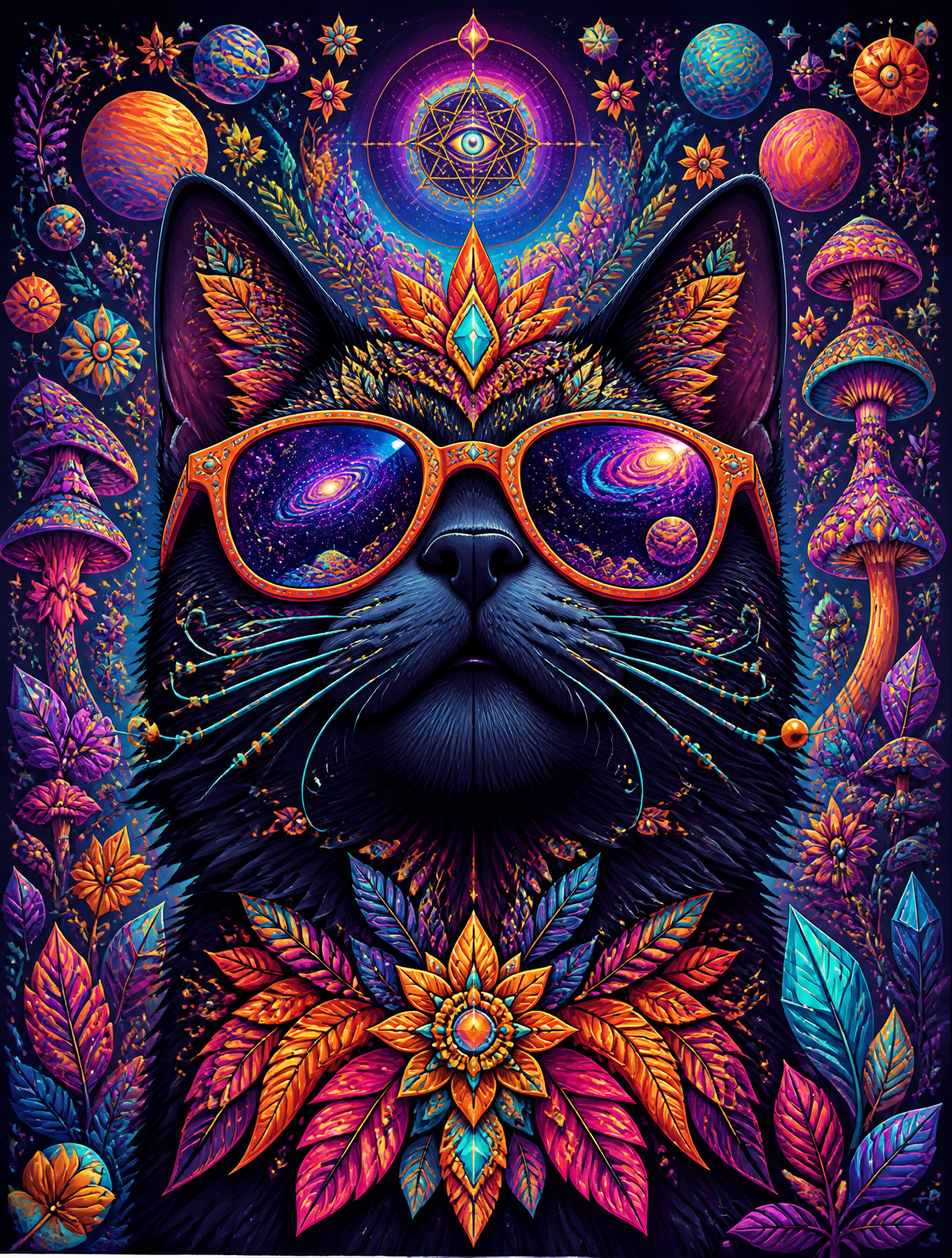 Ultra-detailed psychedelic vector illustration of a majestic black cat viewed from a dram…
