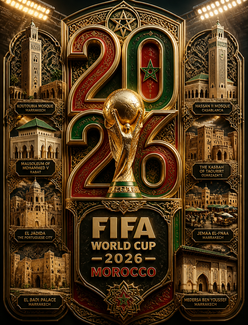 Ultra-detailed luxury 3D FIFA World Cup 2026 Morocco poster. Massive layered "2026" typog…