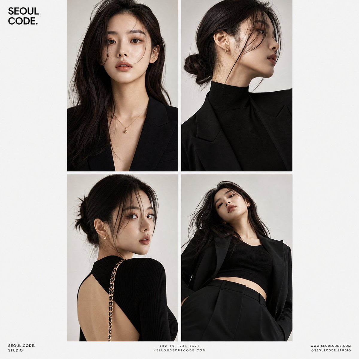 Create a premium high-fashion editorial series featuring a stylish Korean female model wi…