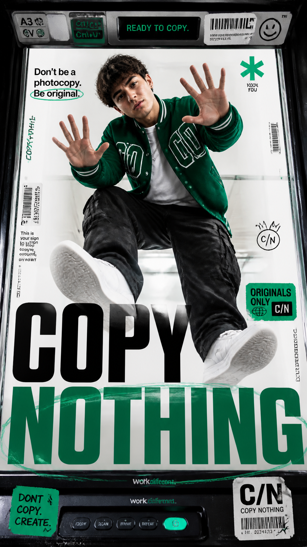 A premium 9:16 streetwear editorial advertising poster.Main Subject: