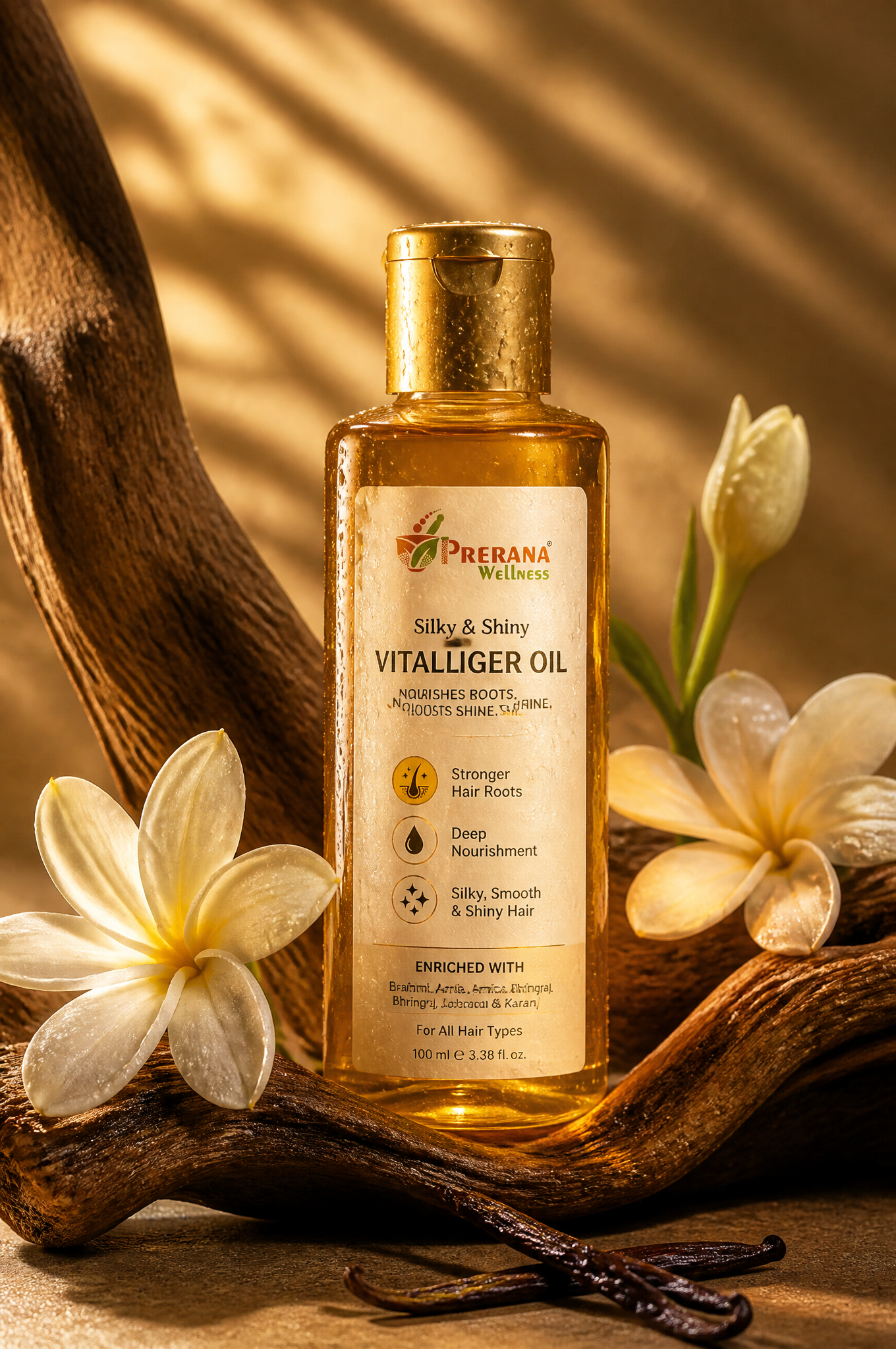 - Ultra-cinematic luxury haircare product photography of a translucent amber Visual & Des…
