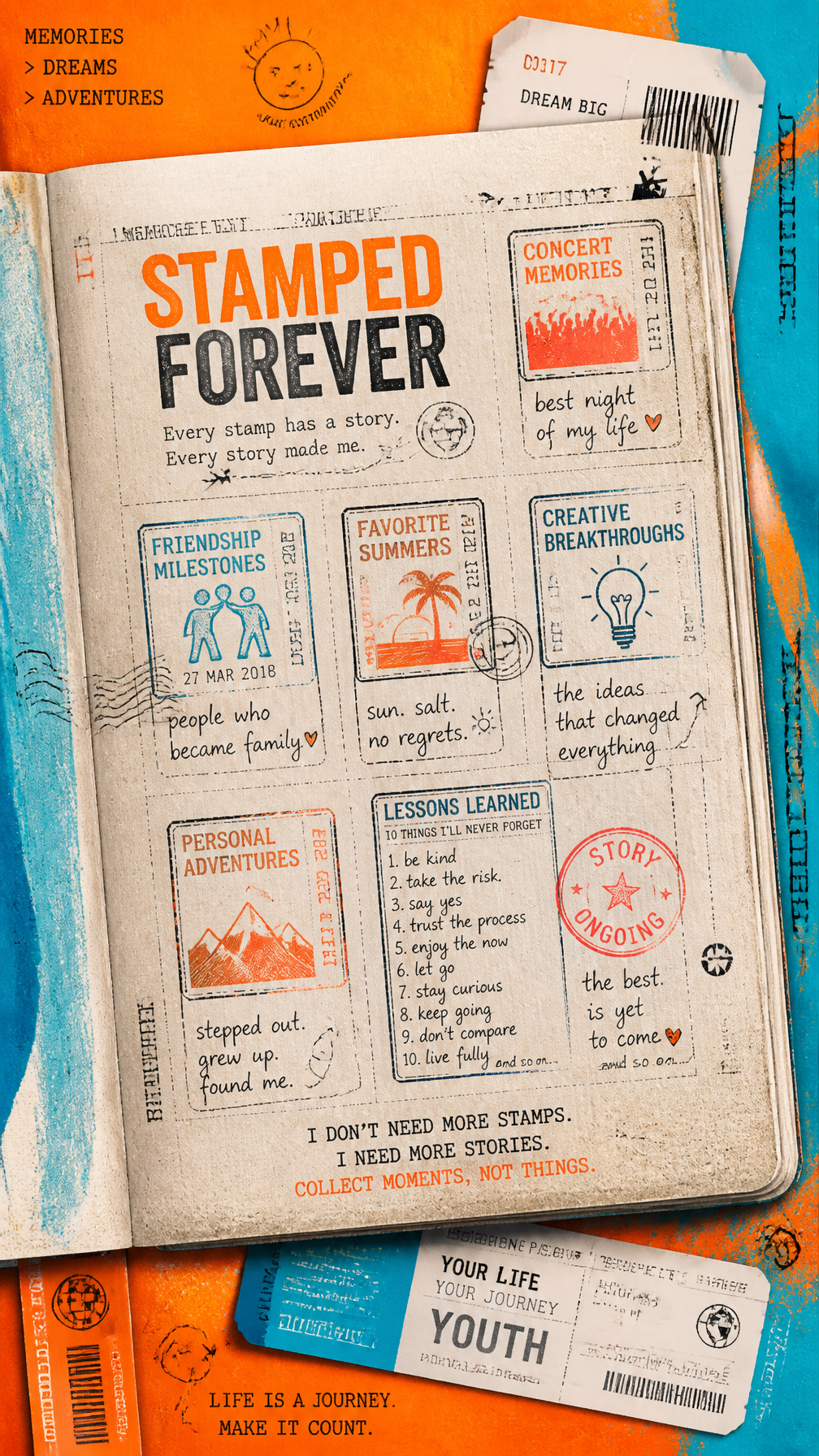 A premium 9:16 youth-culture editorial poster.Main Subject:A giant realistic passport pag…