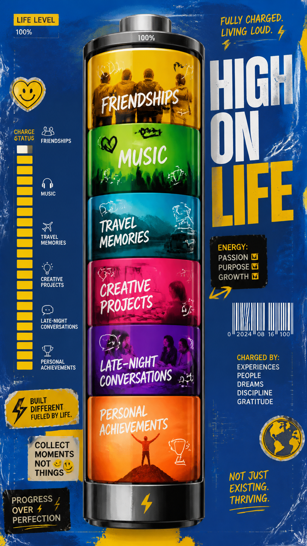 A premium 9:16 youth-culture editorial poster.Main Subject:A giant realistic battery indi…