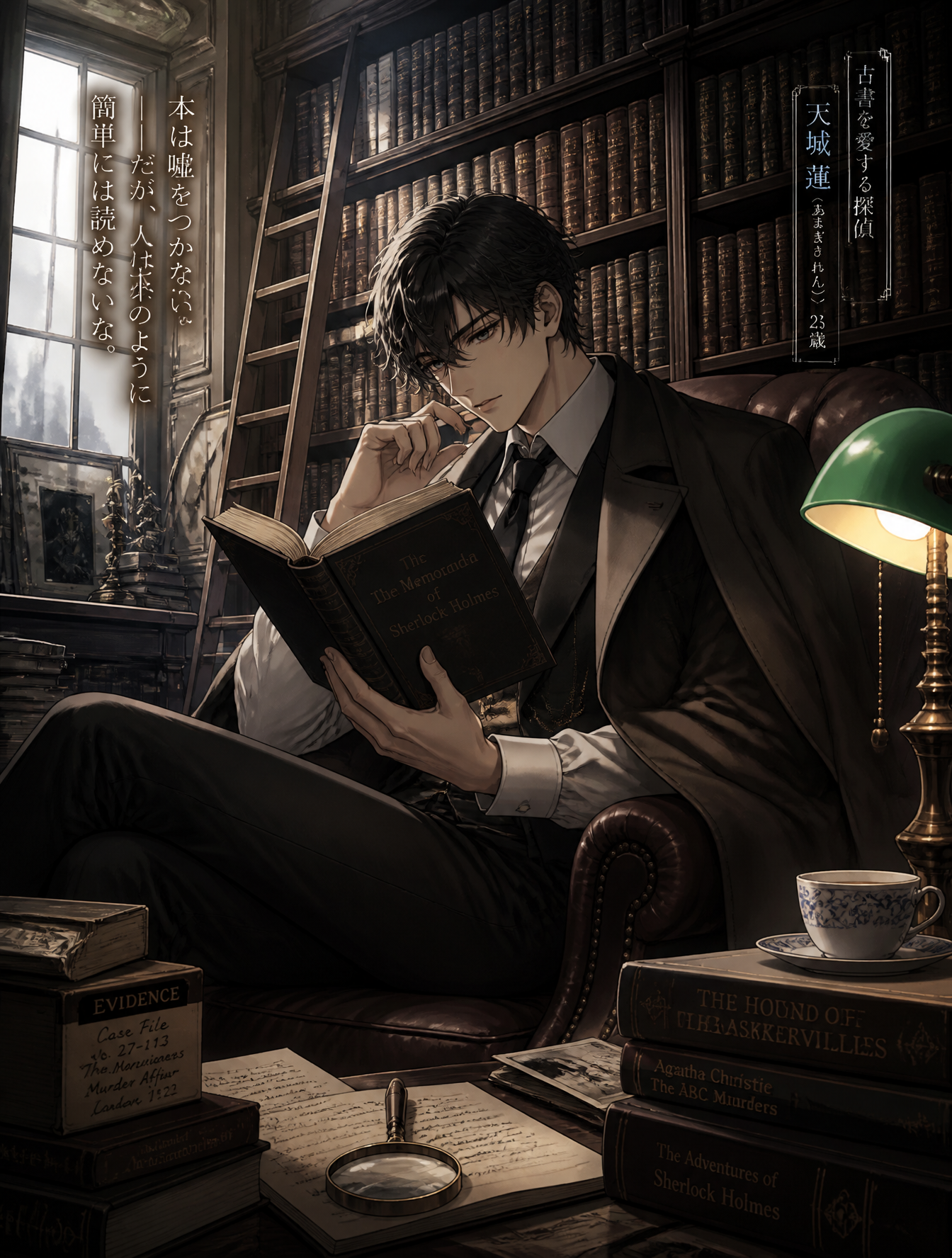 light novel illustration for a detective novel. The illustration should have the main lea…