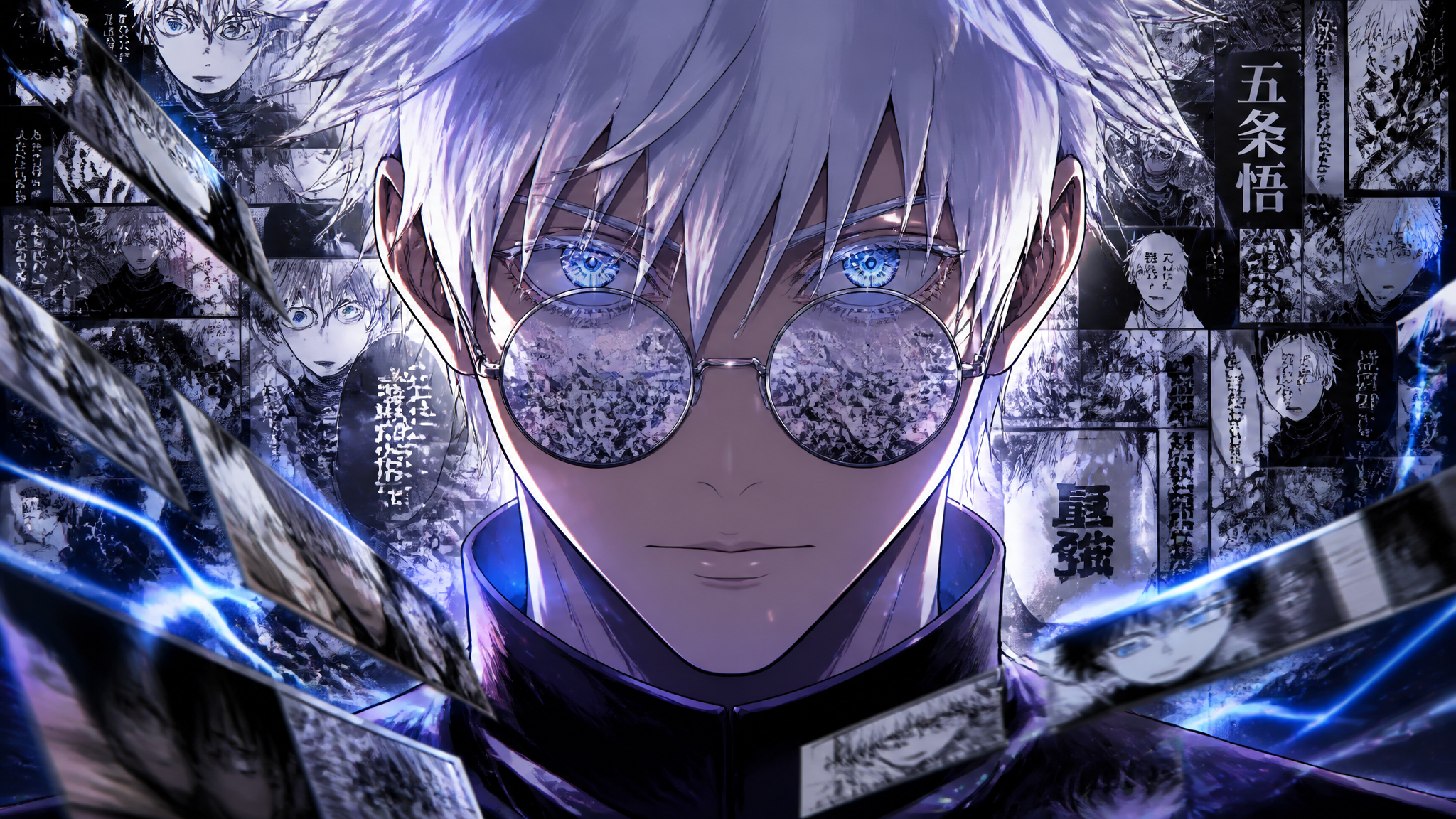 Ultra detailed anime manga character poster of 五条悟, dramatic front-facing upper body clos…