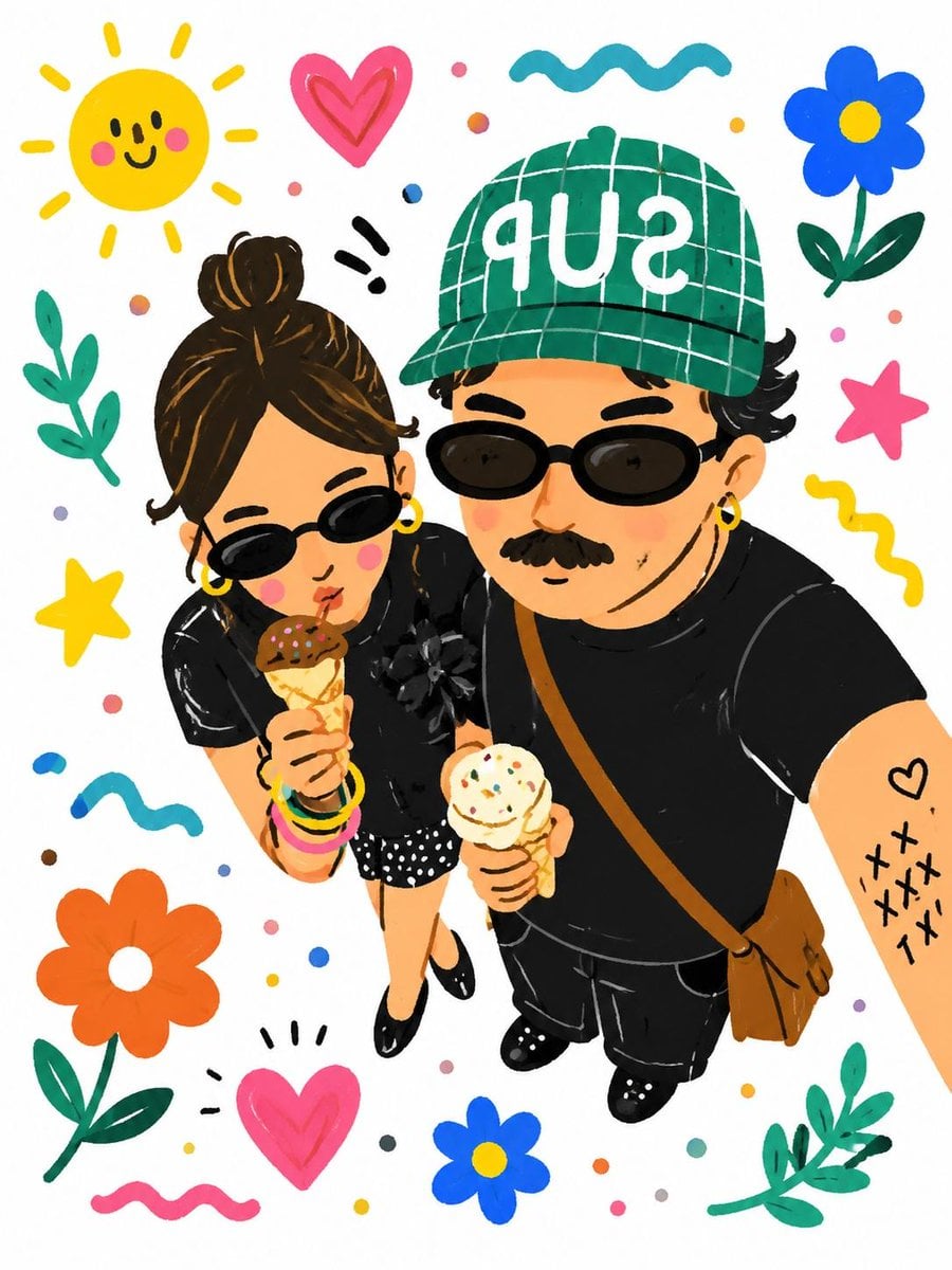 Turn this real-life selfie into a playful hand-drawn cartoon illustration, cute doodle ar…