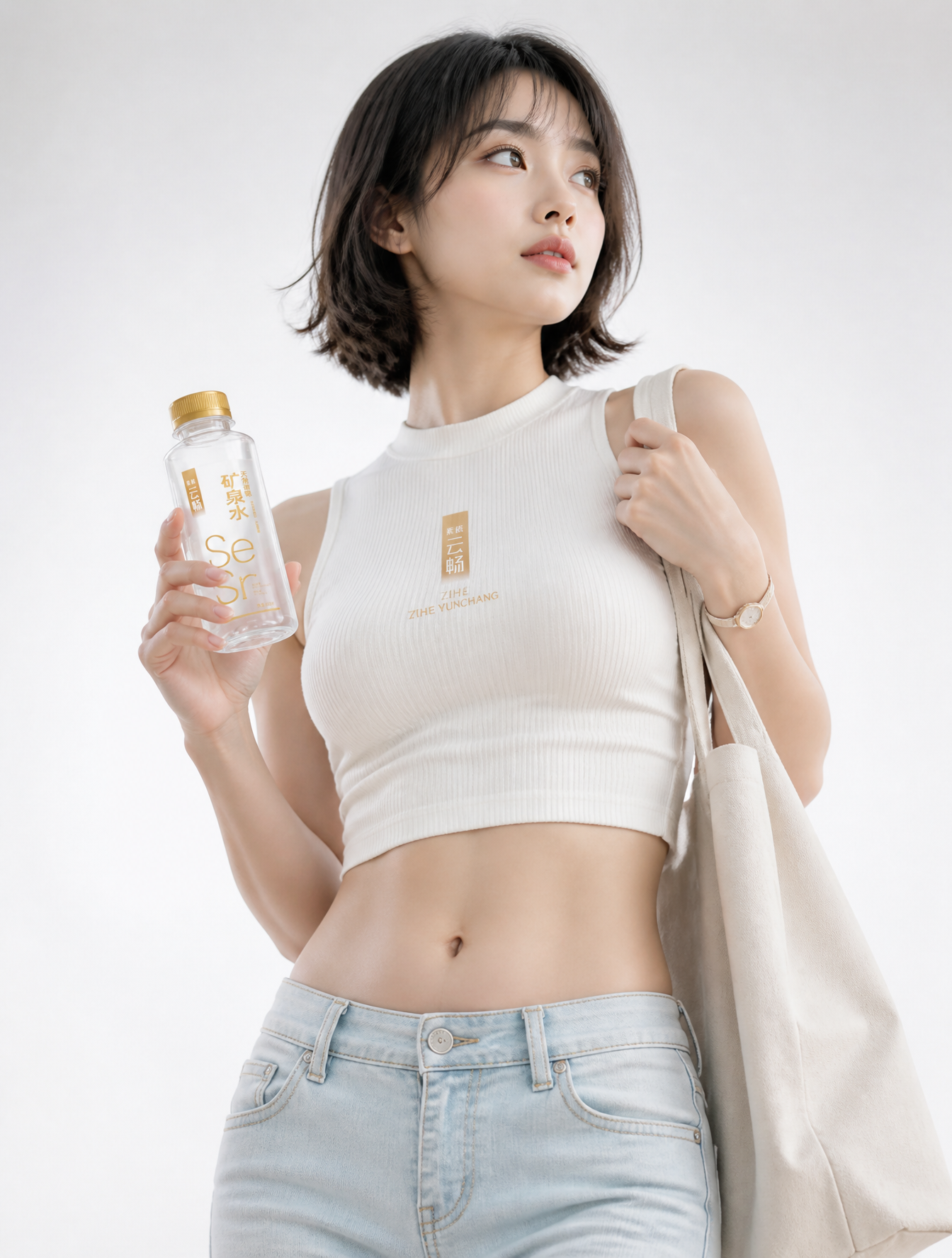 A fresh high-key lifestyle portrait set against a solid pure-white backdrop fading gently…