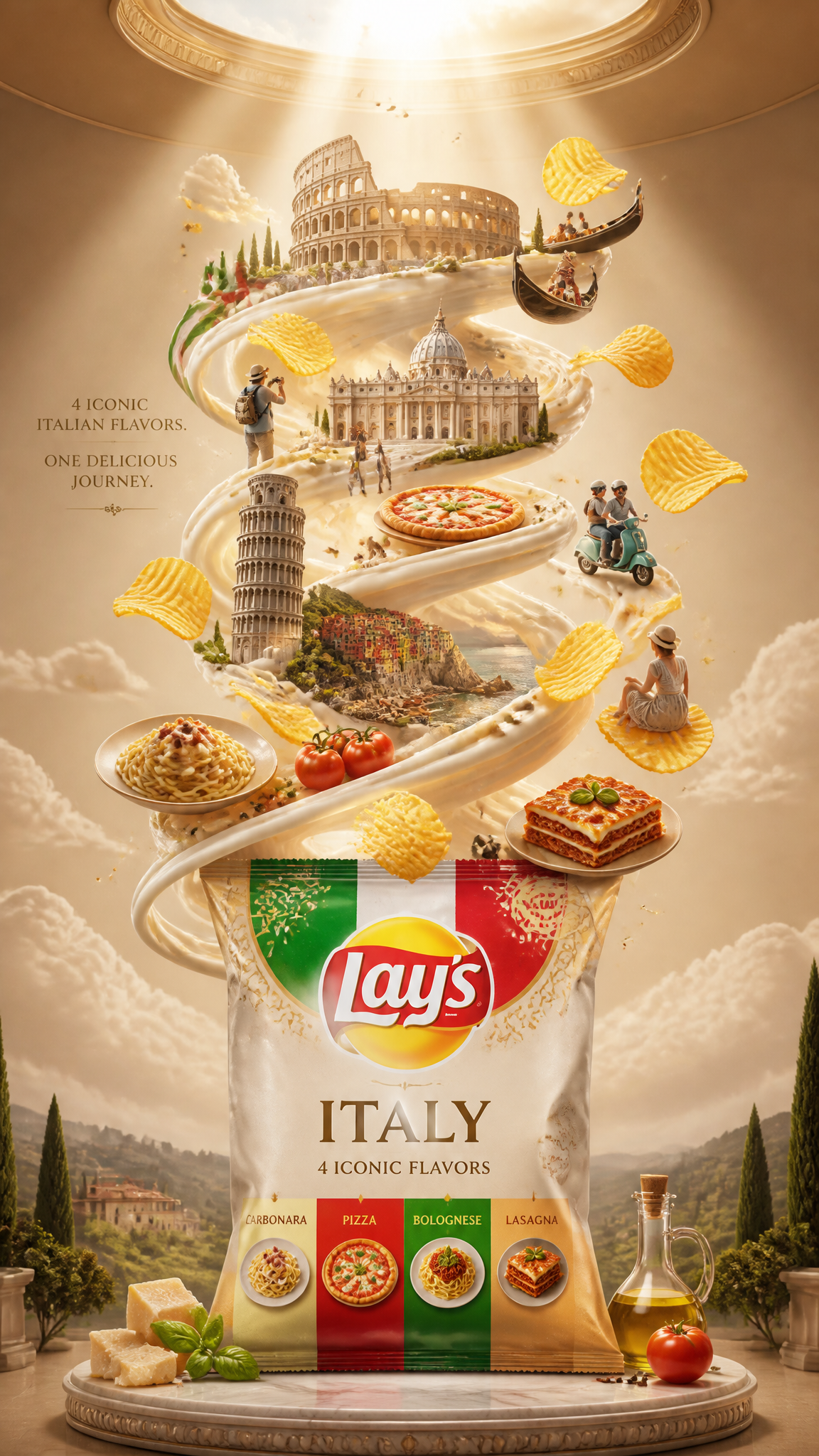 Ultra-detailed premium travel-food advertisement poster for Italy, vertical composition, …