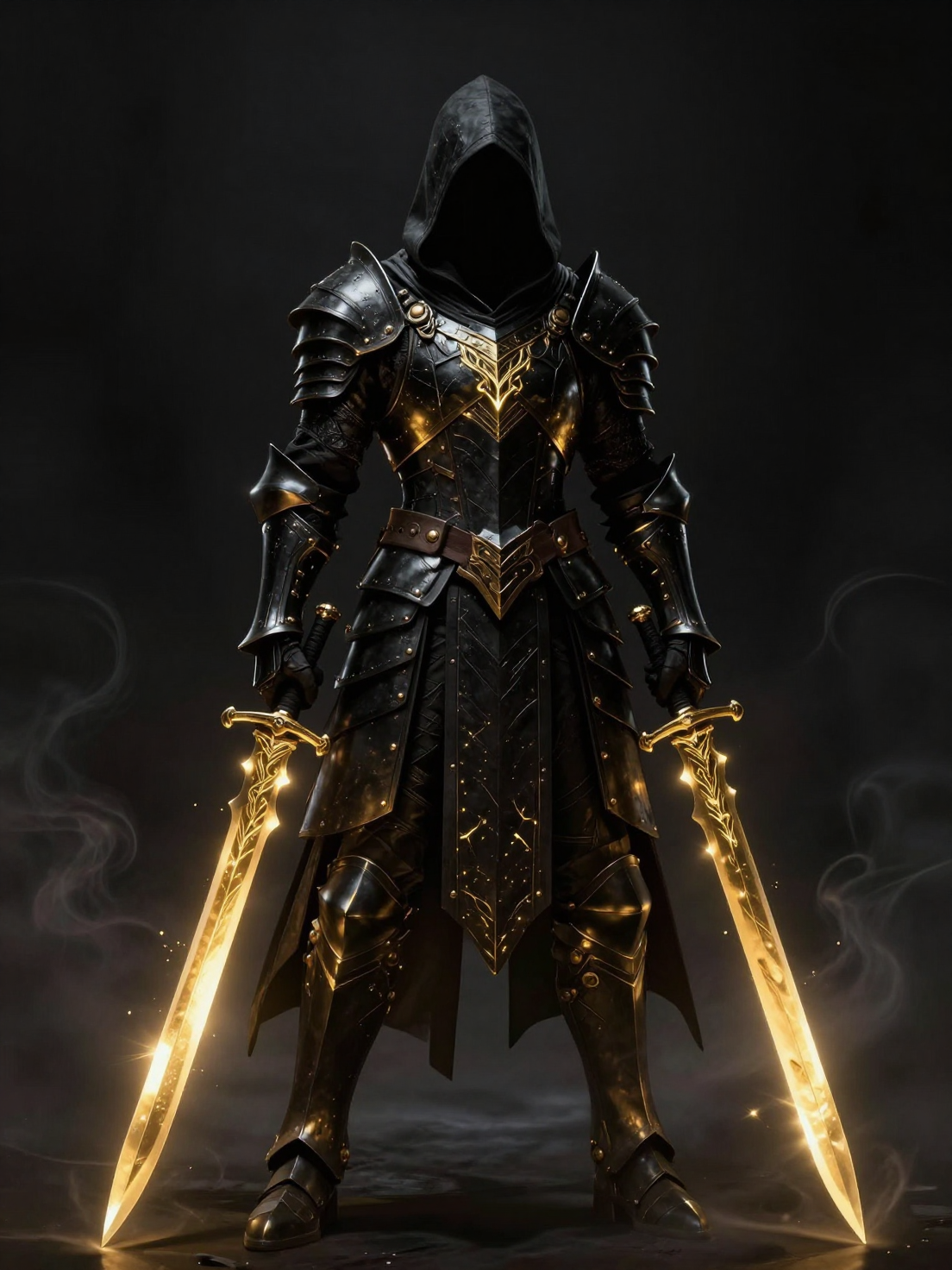 A hooded assassin stands in a void, encased in intricate black plate armor featuring etch…