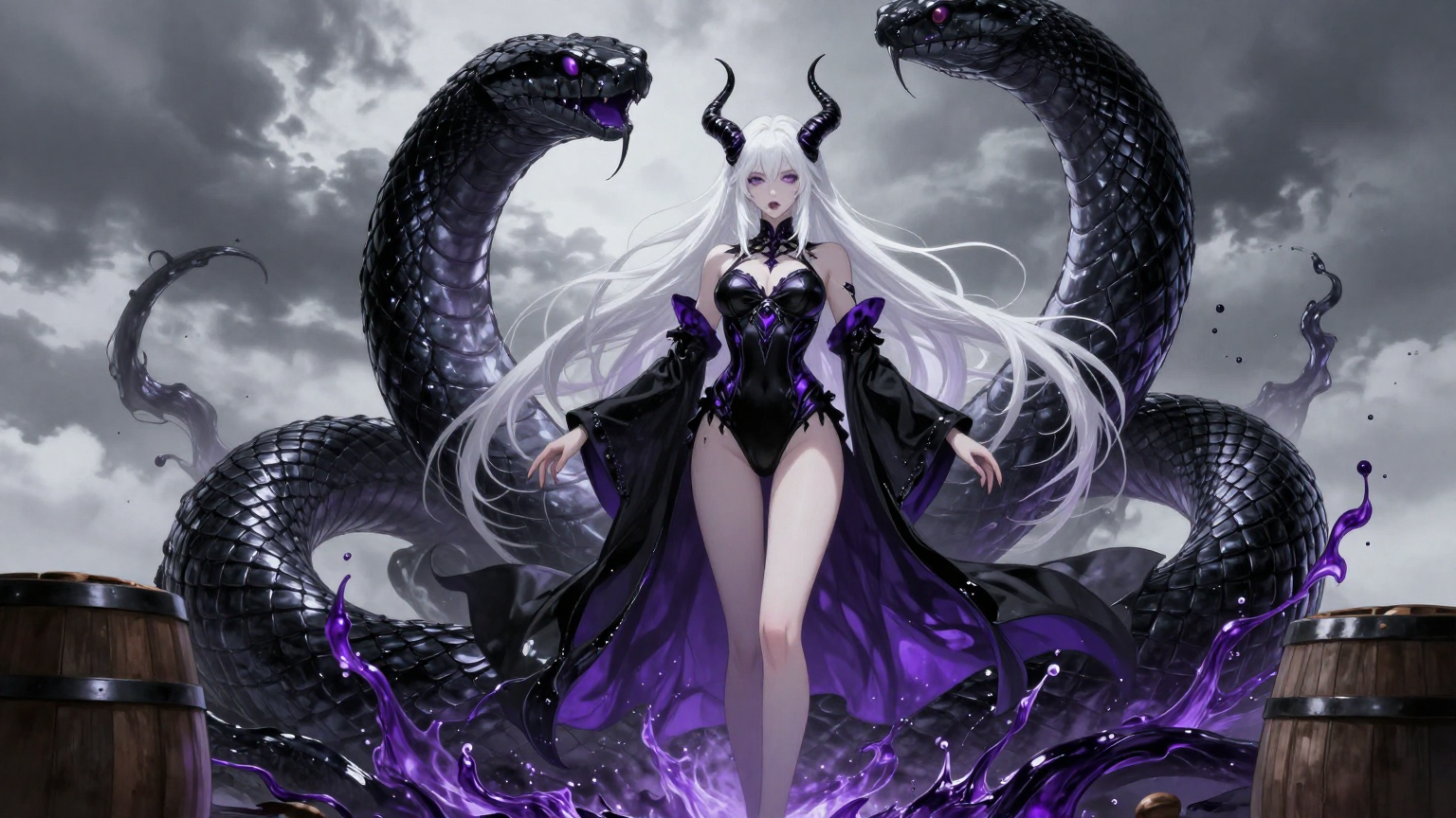A pale, ethereal succubus with long white hair and sharp horns commands the center frame,…