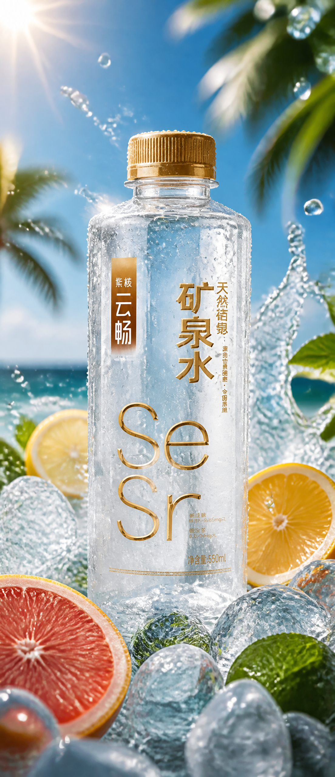 A refreshing cold drink bottle with the brand name 紫核云畅 printed on the label, placed on w…
