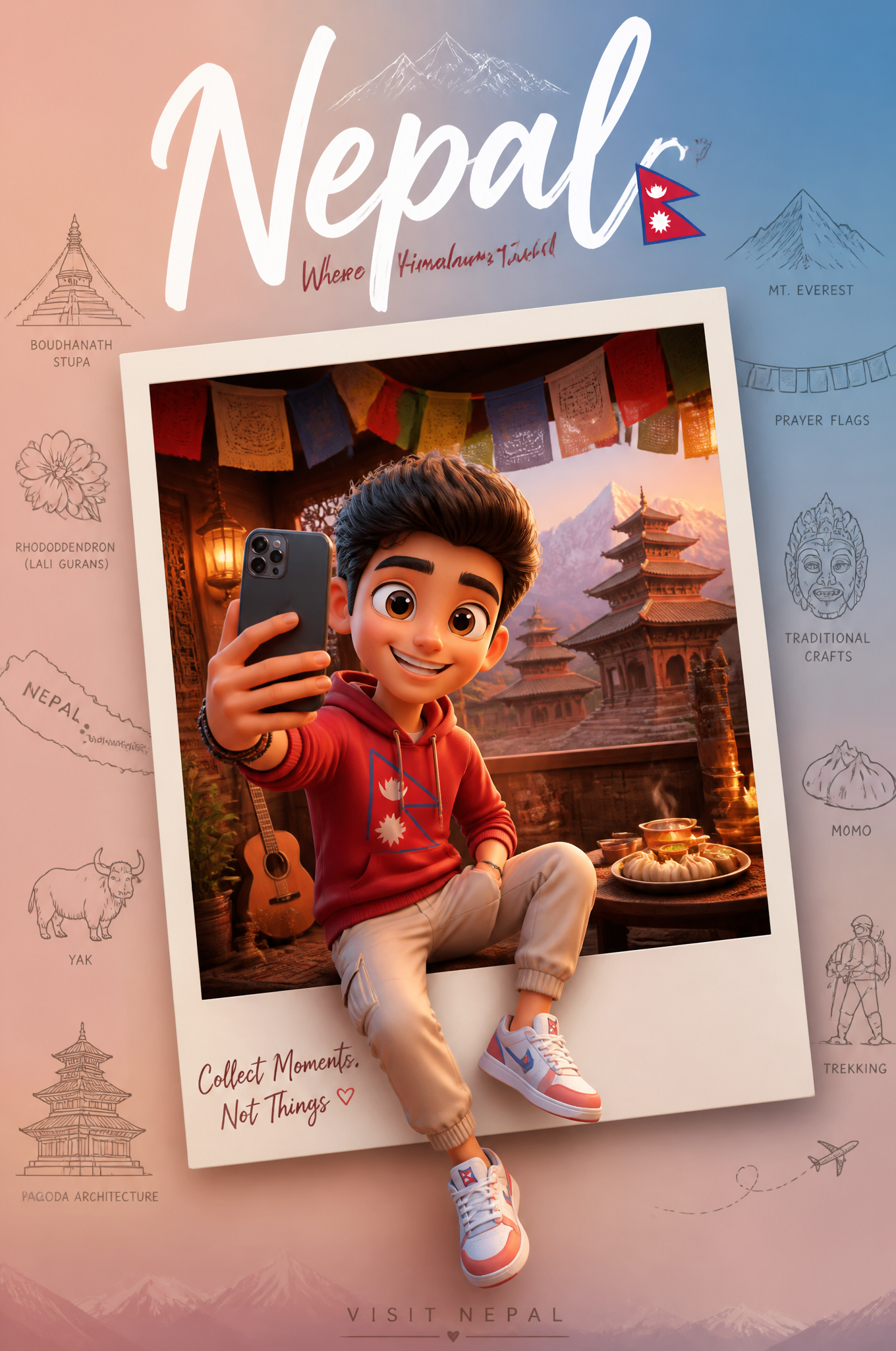 Create a premium collectible travel poster in a cute stylized 3D cartoon/Pixar-inspired a…