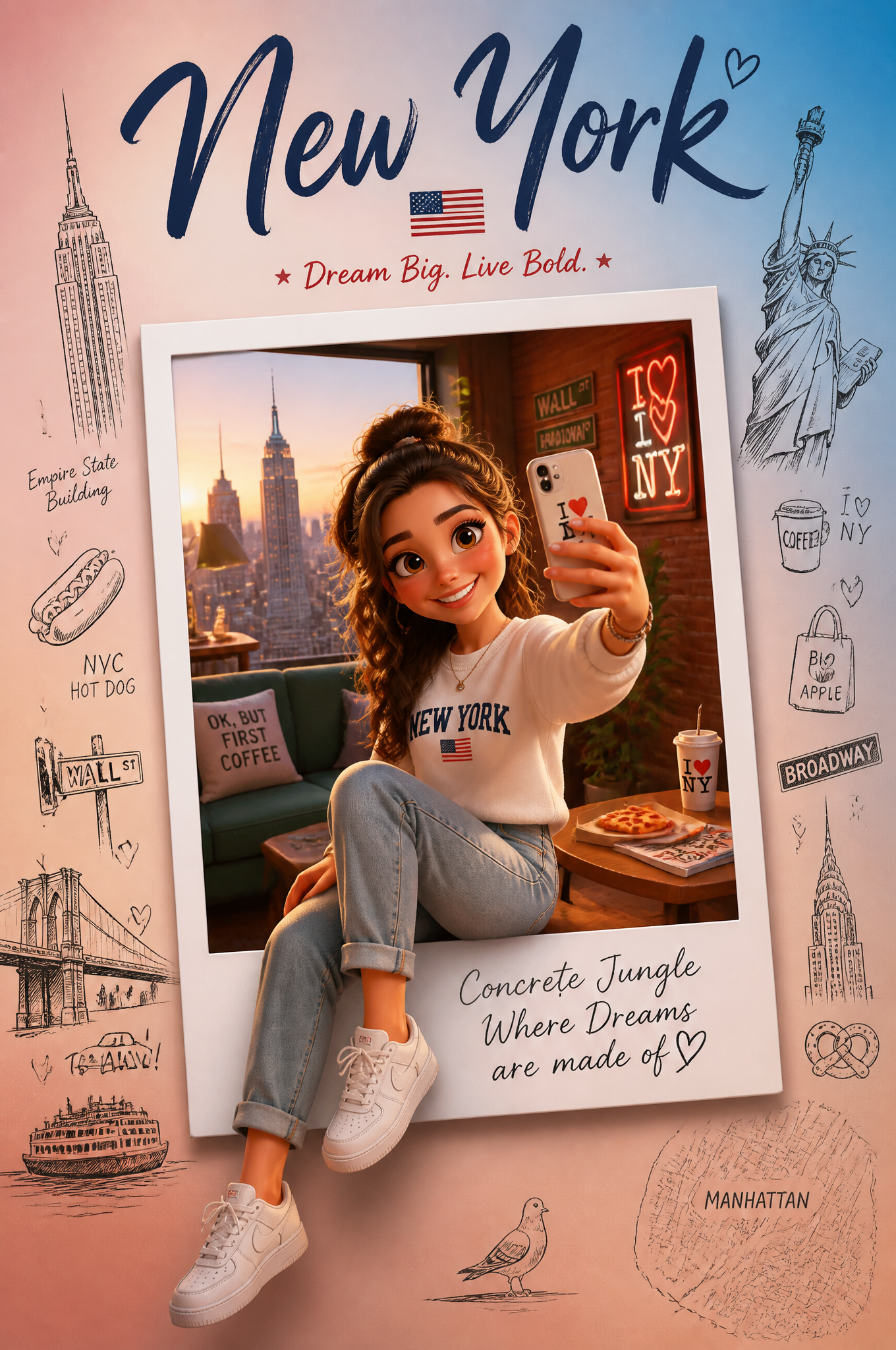 Create a premium collectible travel poster in a cute stylized 3D cartoon/Pixar-inspired a…