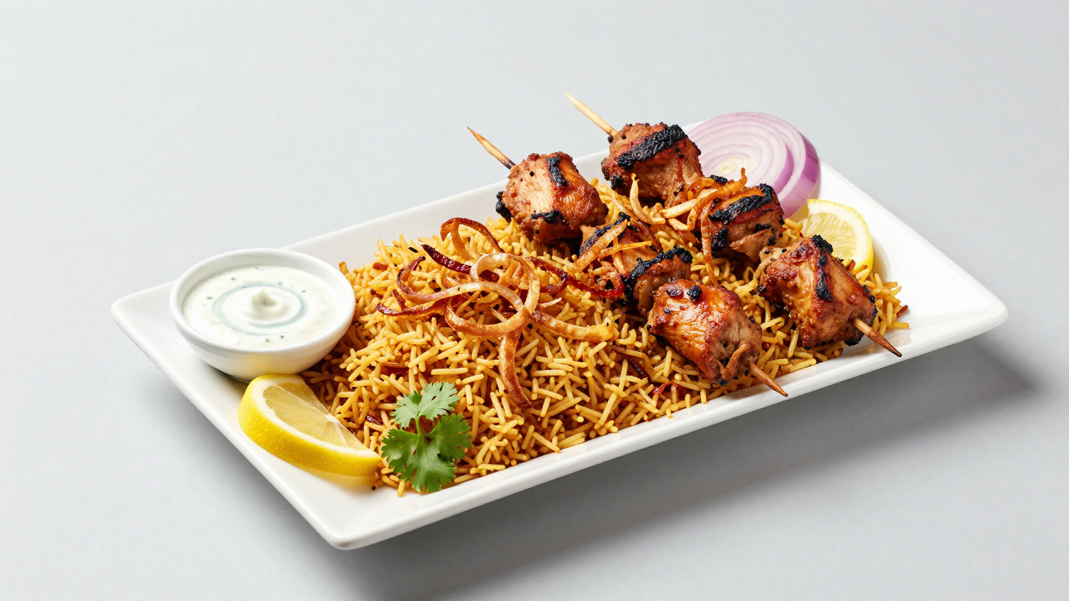 Professional food photography of a delicious seekh kebab platter served on a clean white …
