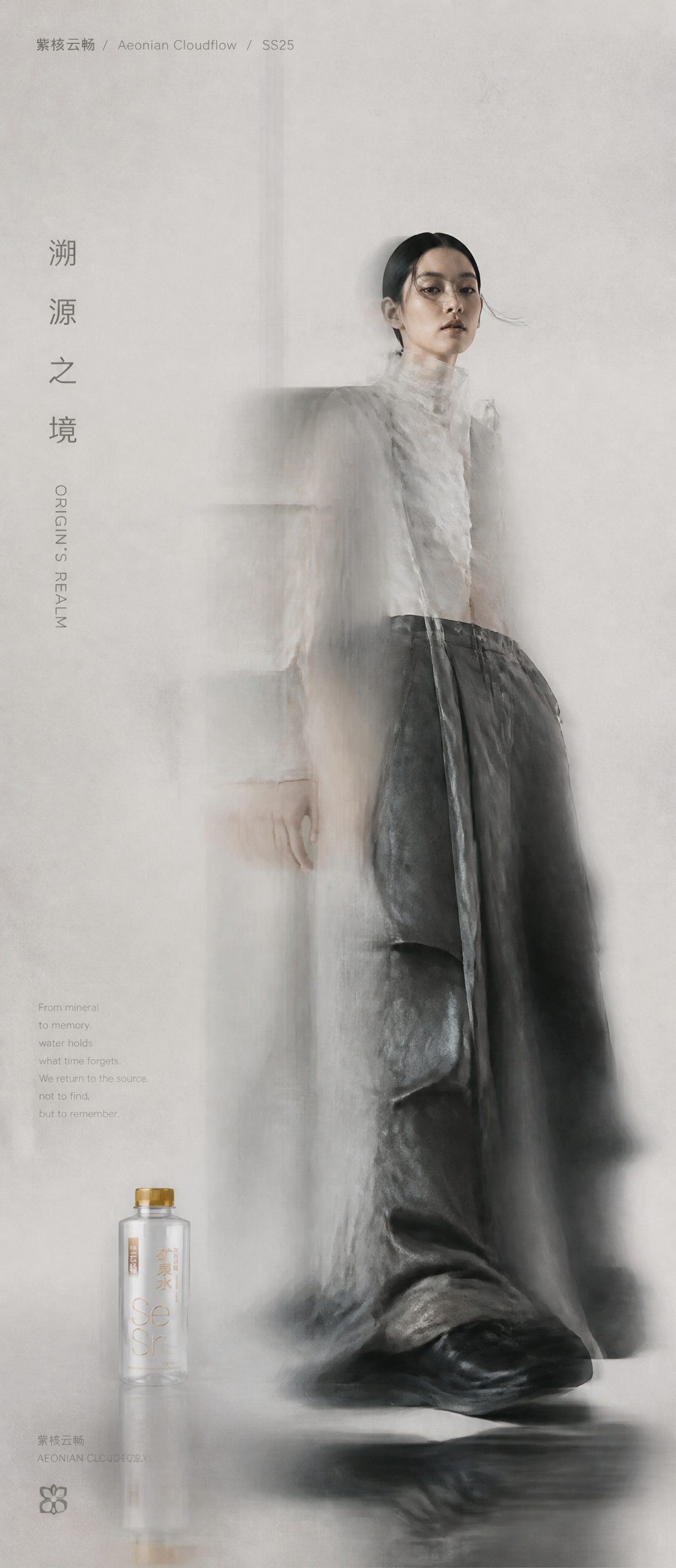 Create a vertical high-resolution experimental fashion editorial poster.