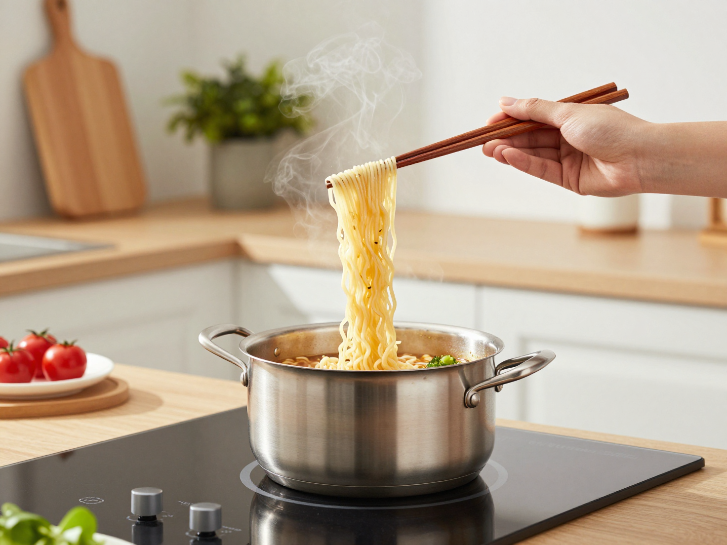 A hand holding wooden chopsticks lifting steaming instant noodles from a stainless steel …