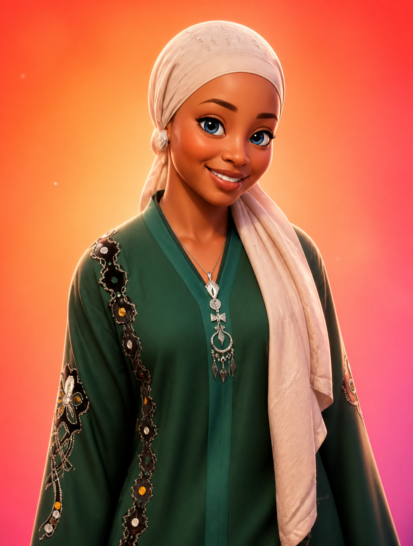 A stylized Pixar-style 3D portrait of a refernce image with smooth skin, large expressive…