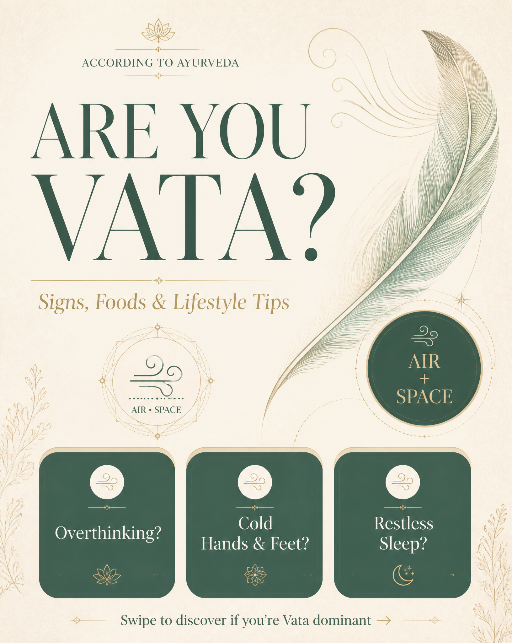 Create a luxury Ayurveda Instagram carousel cover in 4:5 ratio (1080x1350).Topic: Vata Do…