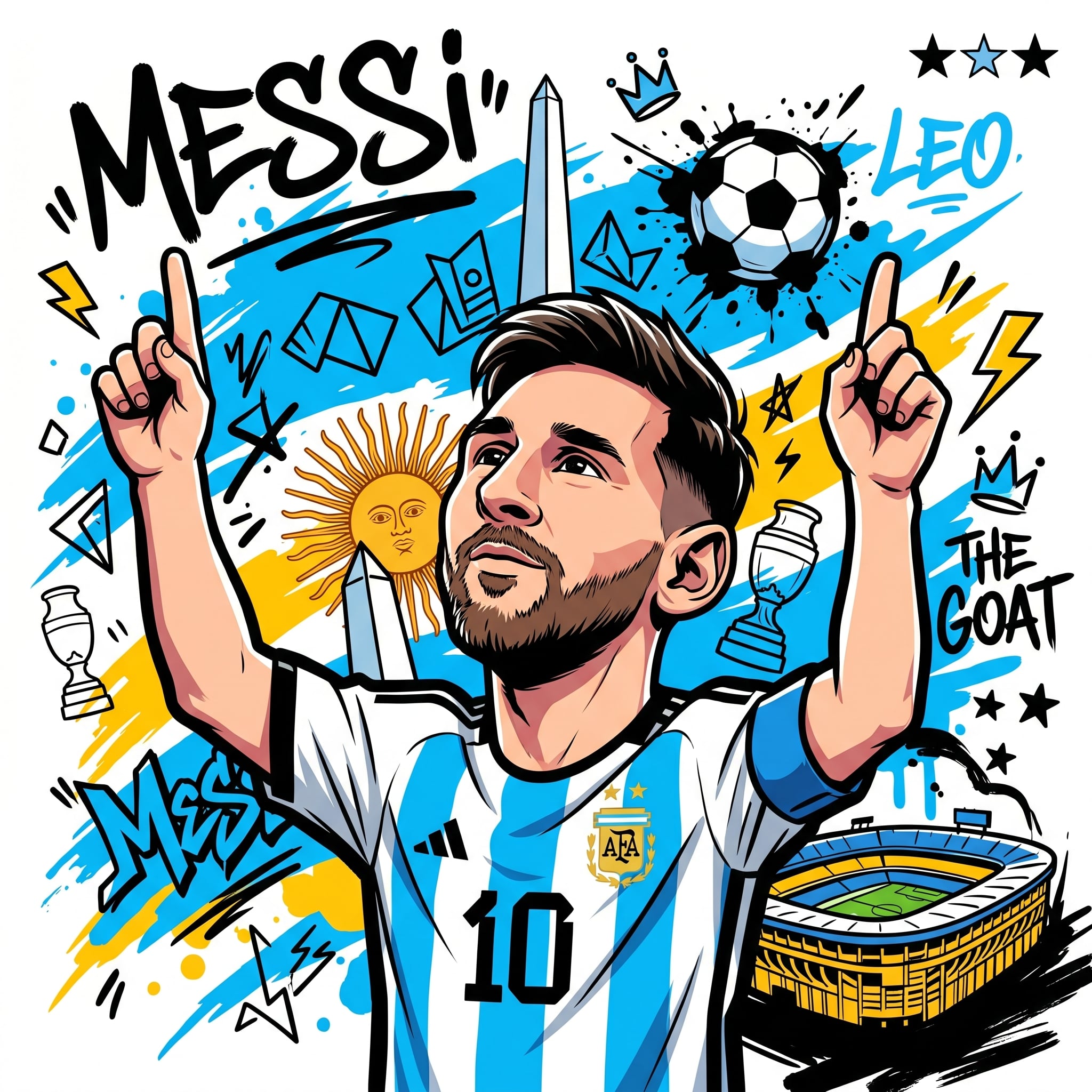 A high-contrast vector-art illustration of Lionel Messi in a dynamic chibi-anime caricatu…