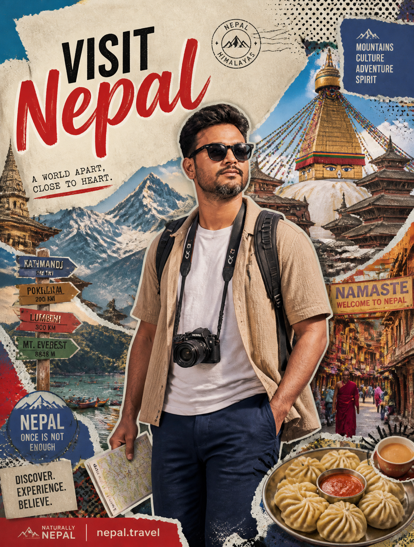Create a stylized travel poster / graphic collage for Nepal. The main subject should be a…