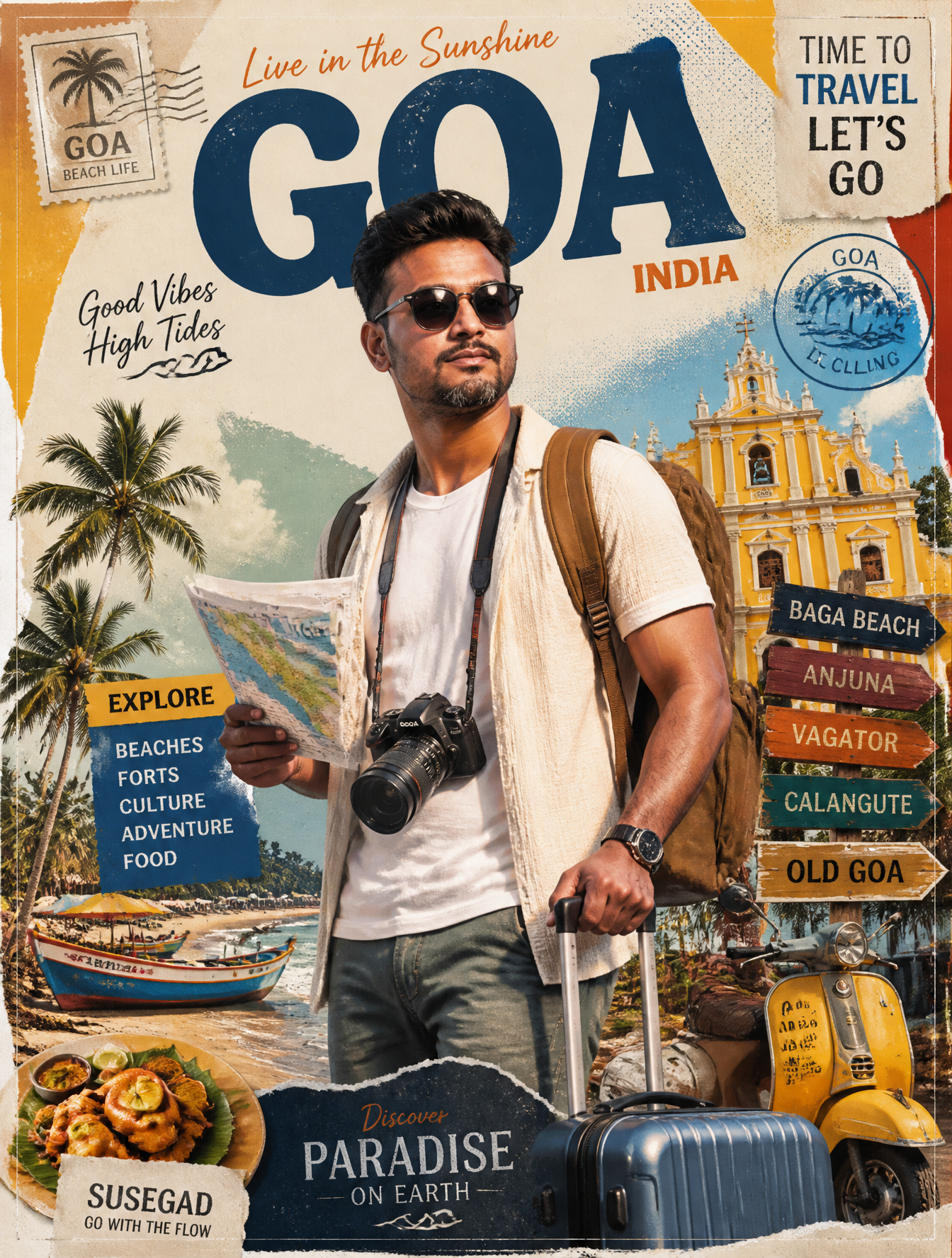 Create a stylized travel poster for GOA.The main subject  [image1]should be a stylish int…