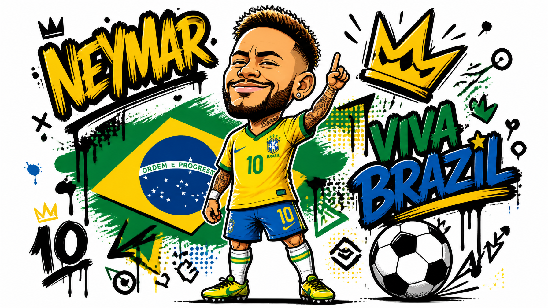 A stylized chibi-proportioned caricature of Neymar Jr. stands in a confident, celebratory…