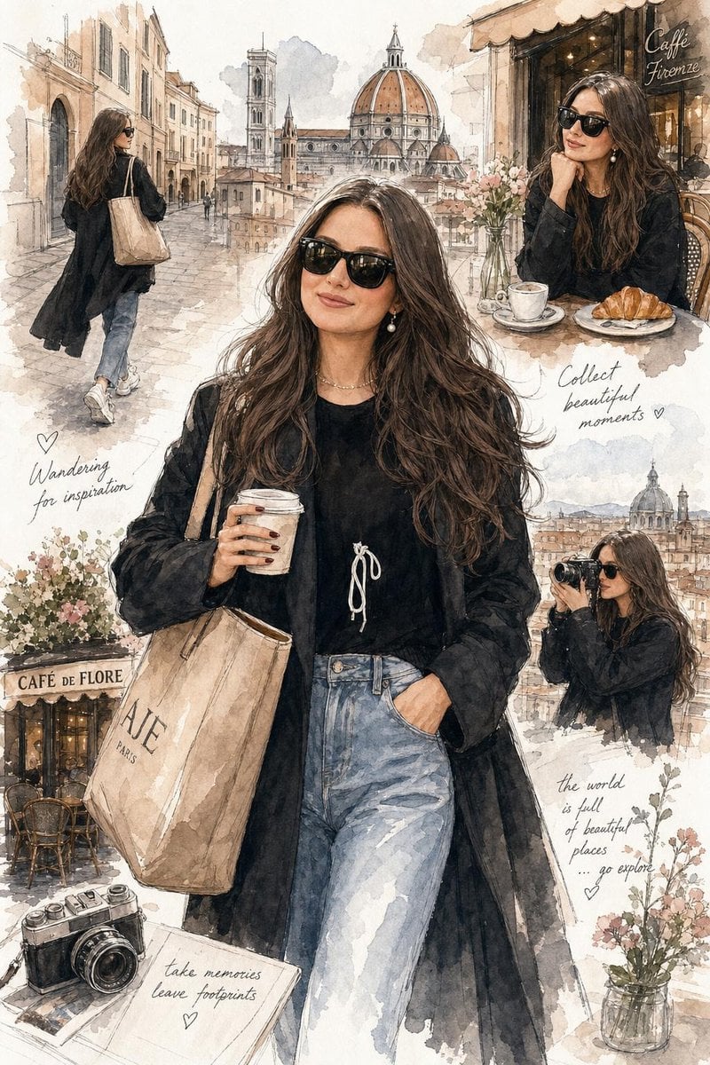 Elegant watercolor fashion illustration of a stylish young woman exploring scenic Europea…