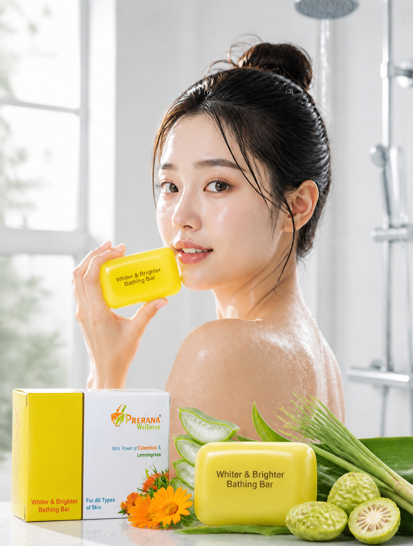 A young East Asian woman with a damp, dewy complexion and hair pulled into a messy bun tu…