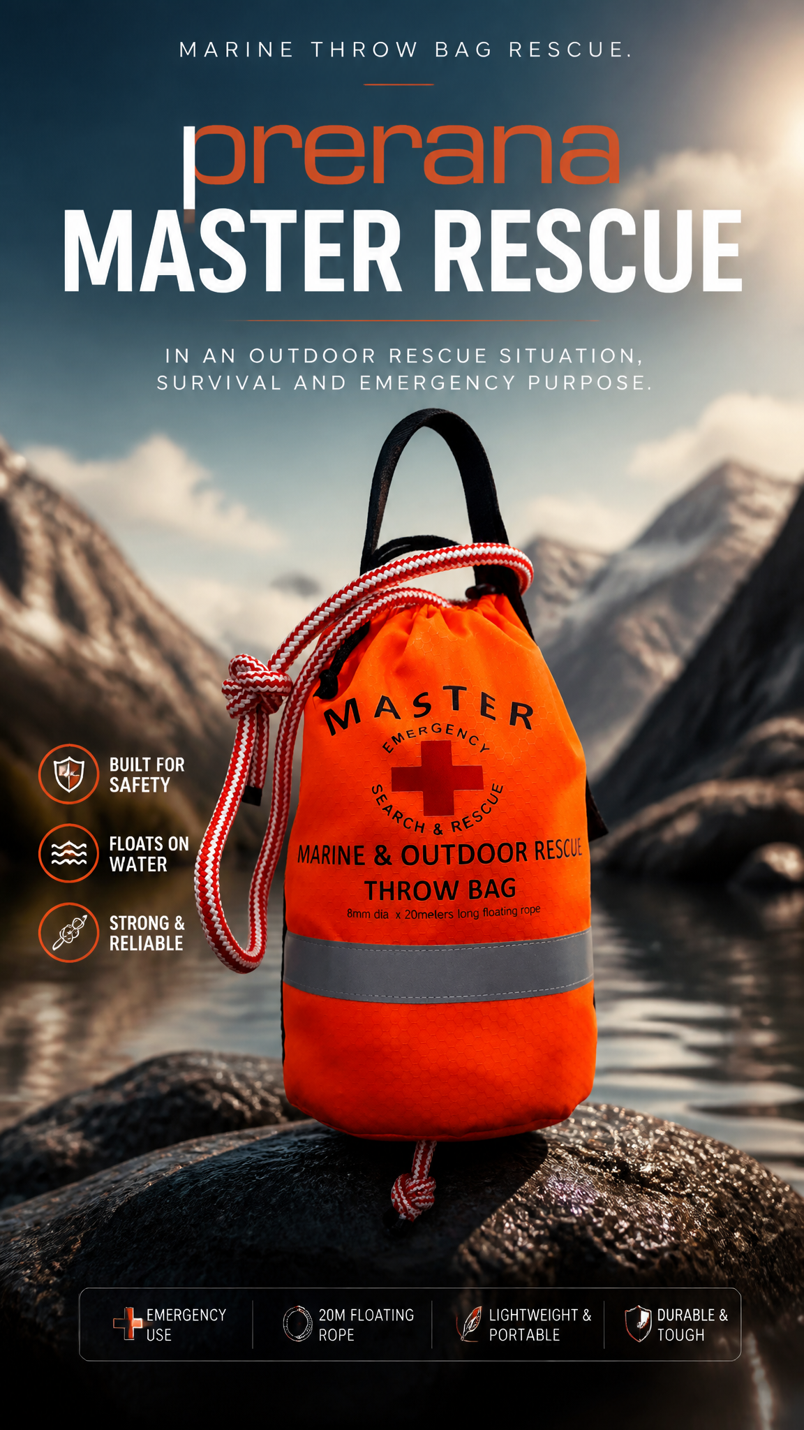 Create a outdoor Throw Bag advertising poster for a outdoor used. Design it as a polished…