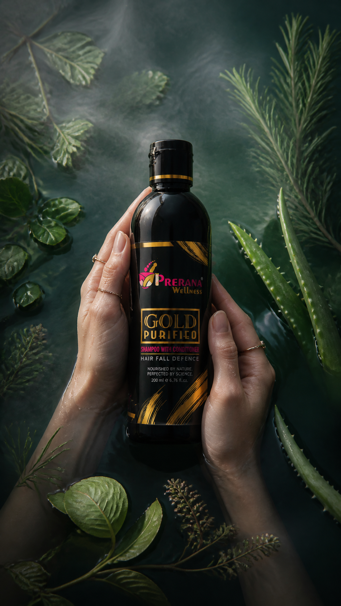 Luxury product photography of a green translucent bath and shower gel bottle held gently …