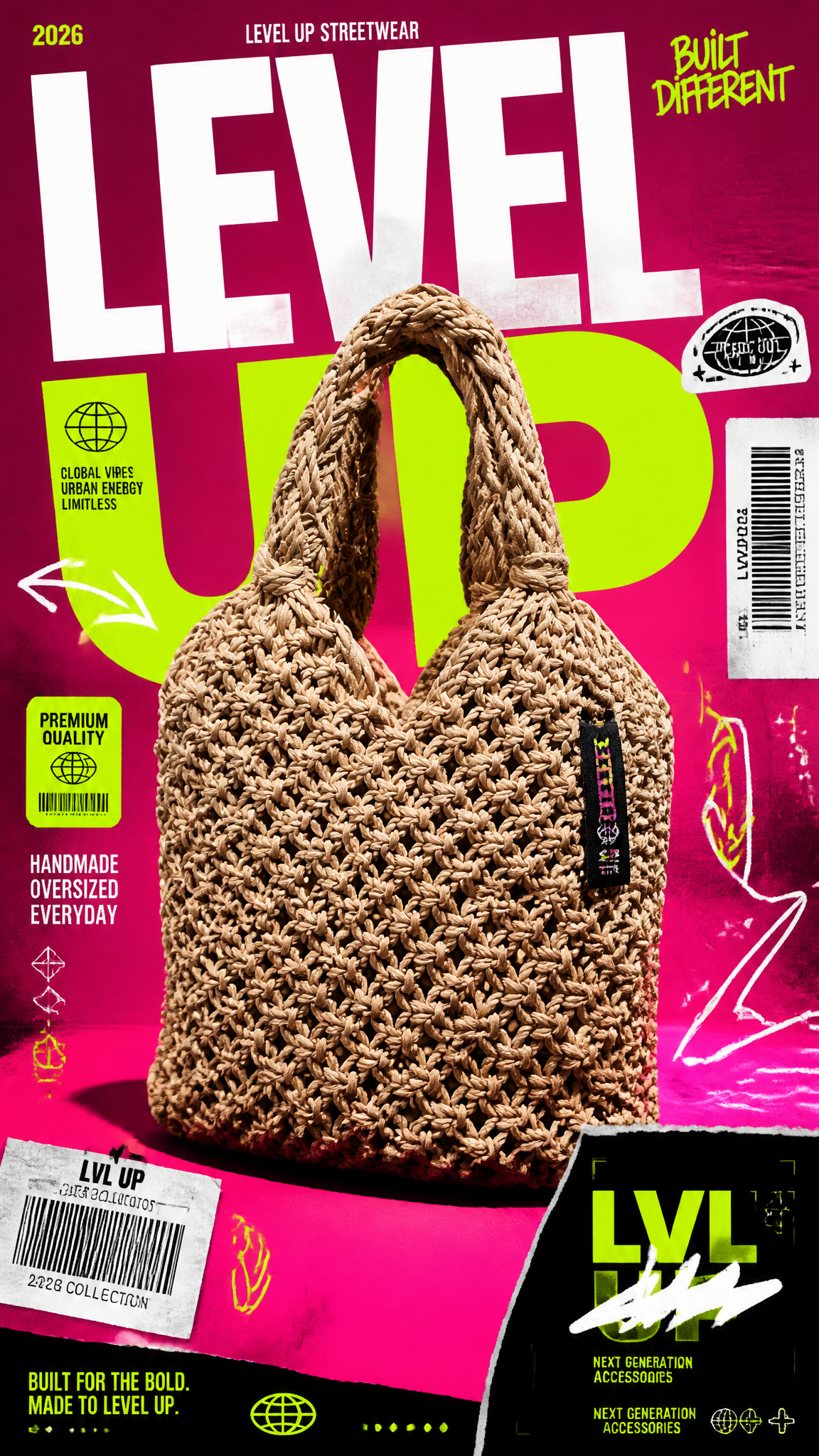 A premium 9:16 streetwear accessories advertising poster.Central Subject: