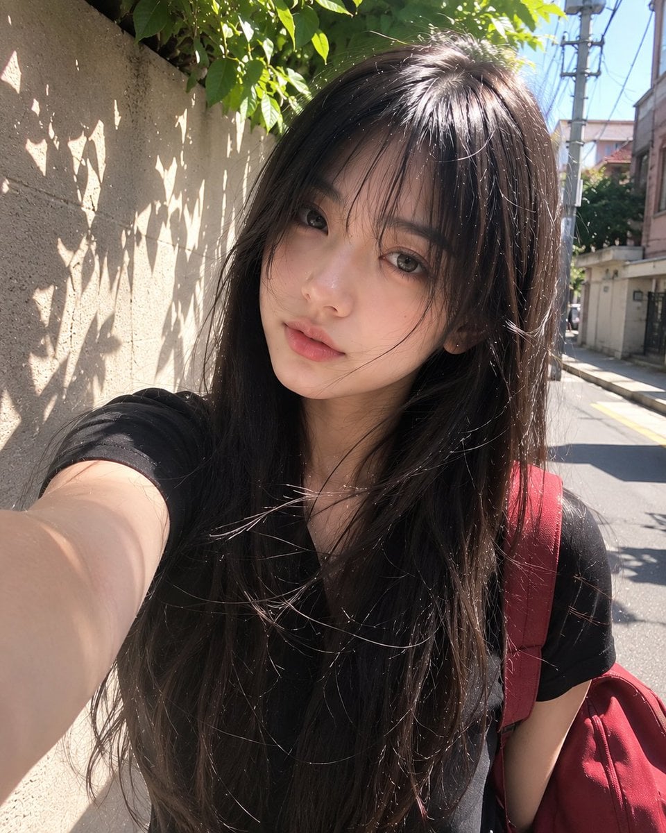 Beautiful young Japanese girl with long silky black hair and soft wispy bangs, large expr…