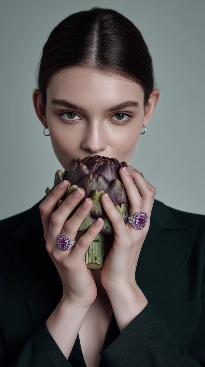 A portrait of a young woman with refined features, holding a large artichoke in front of …
