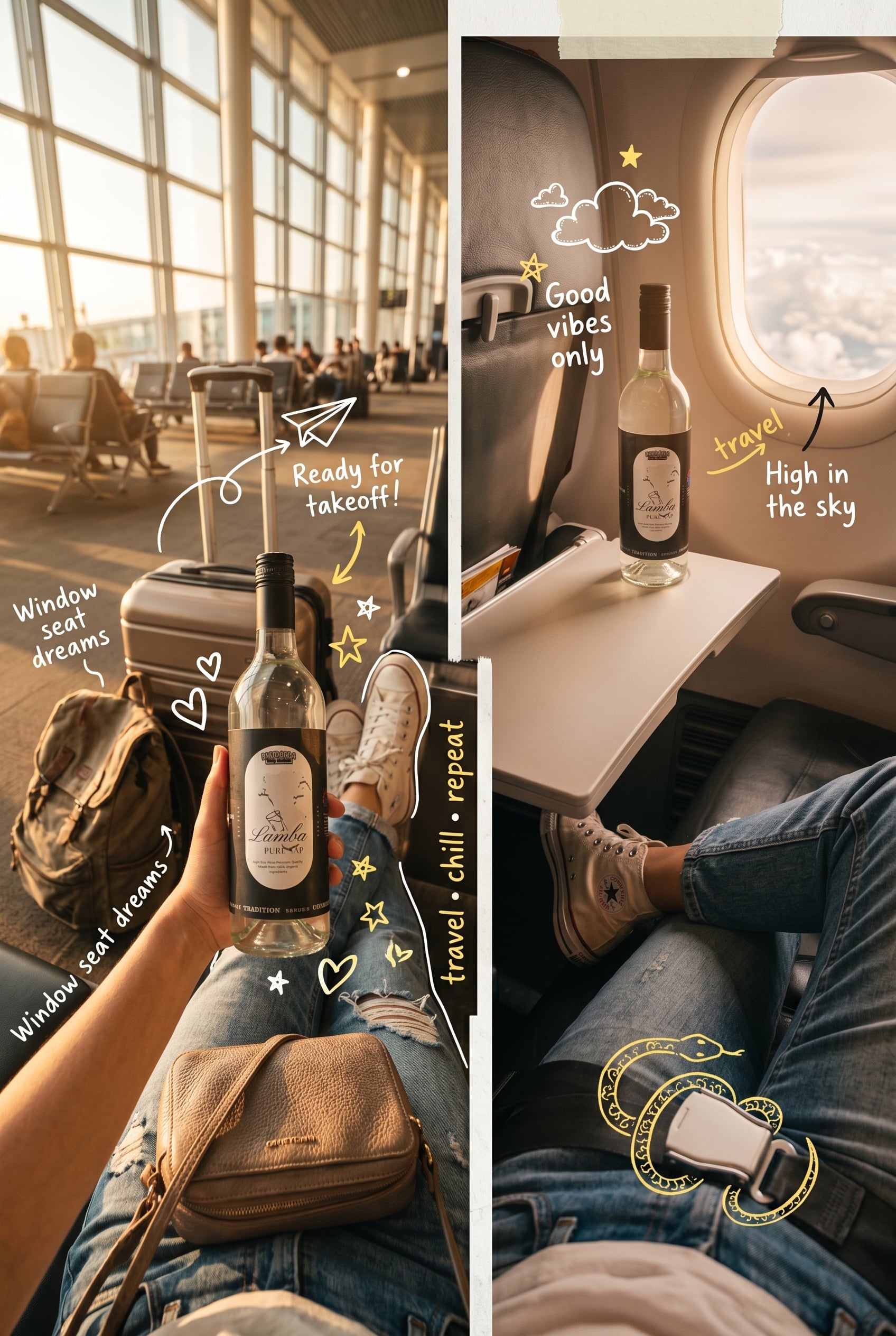 POV travel photography of a person sitting at an airport and inside an airplane, casual o…