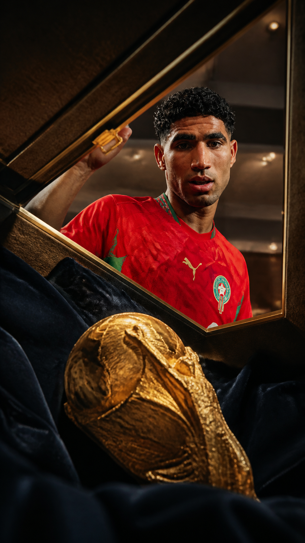 PLAYER=Achraf Hakimi Ultra-realistic sports photography, documentary realism, premium com…
