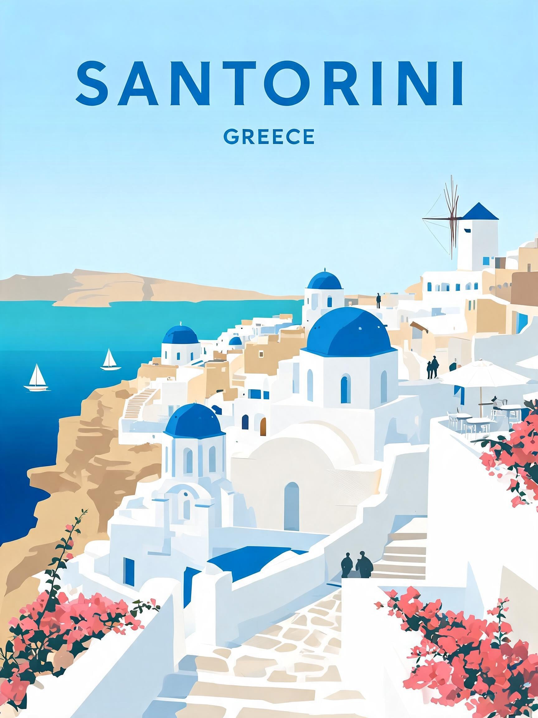 Create a premium editorial travel poster illustration of Santorini, Greece. Style: flat v…