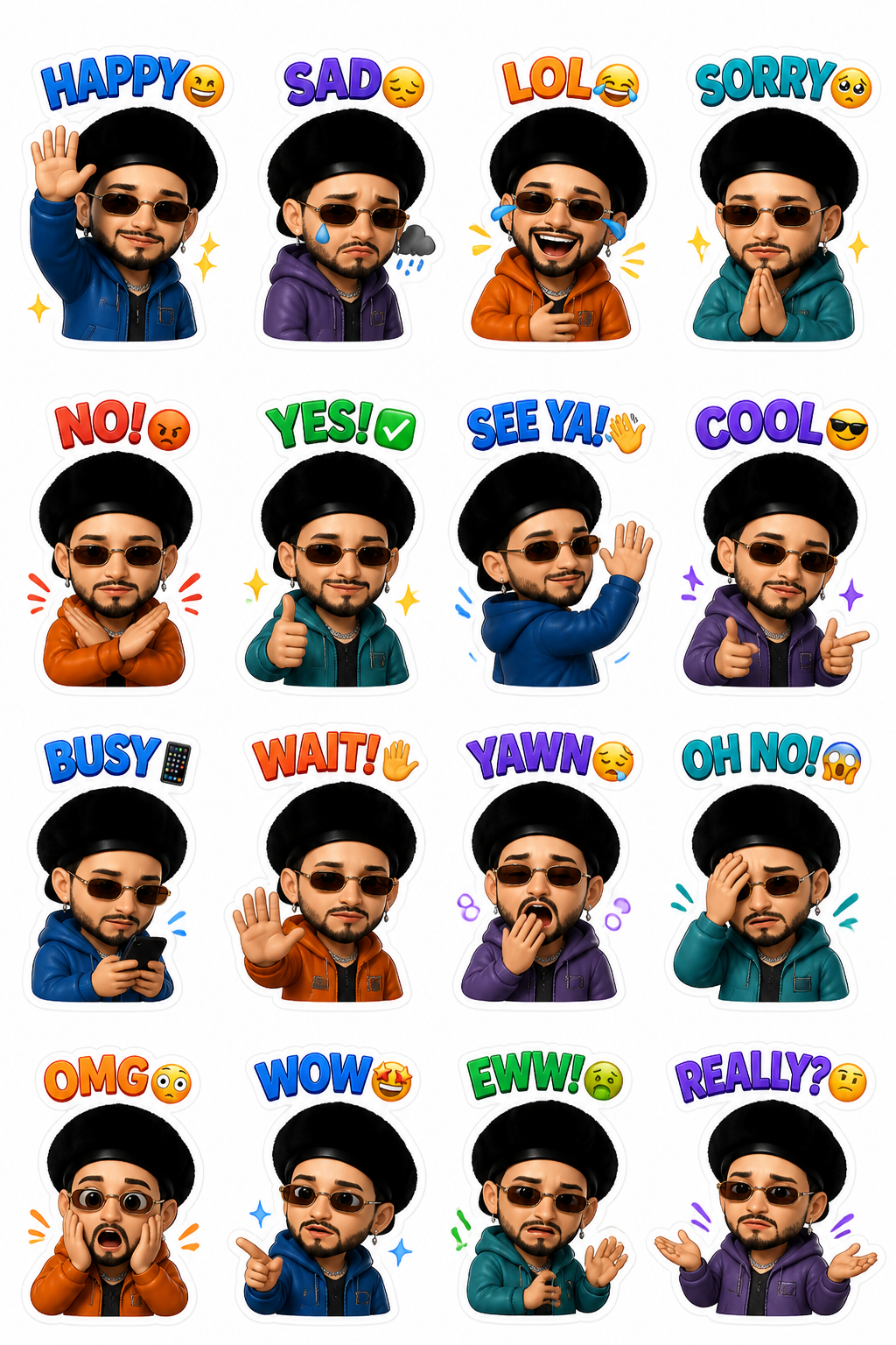 Create a premium 16-sticker pack from the uploaded image. Use ONLY the uploaded person as…