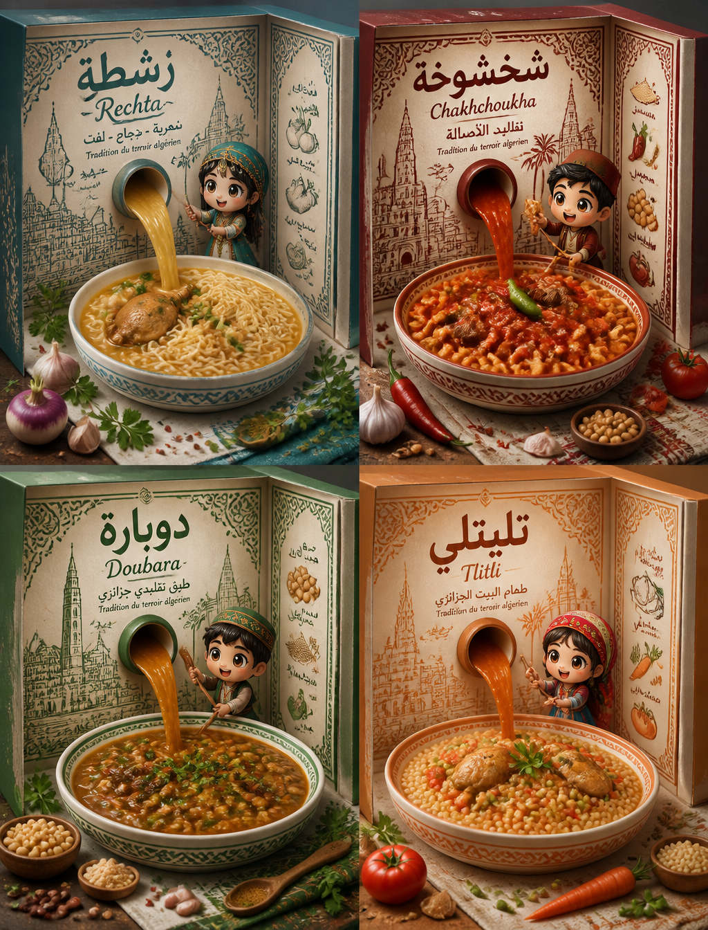 2x2 grid featuring four iconic Algerian dishes: Rechta, Chakhchoukha, Doubara, and Tlitli…