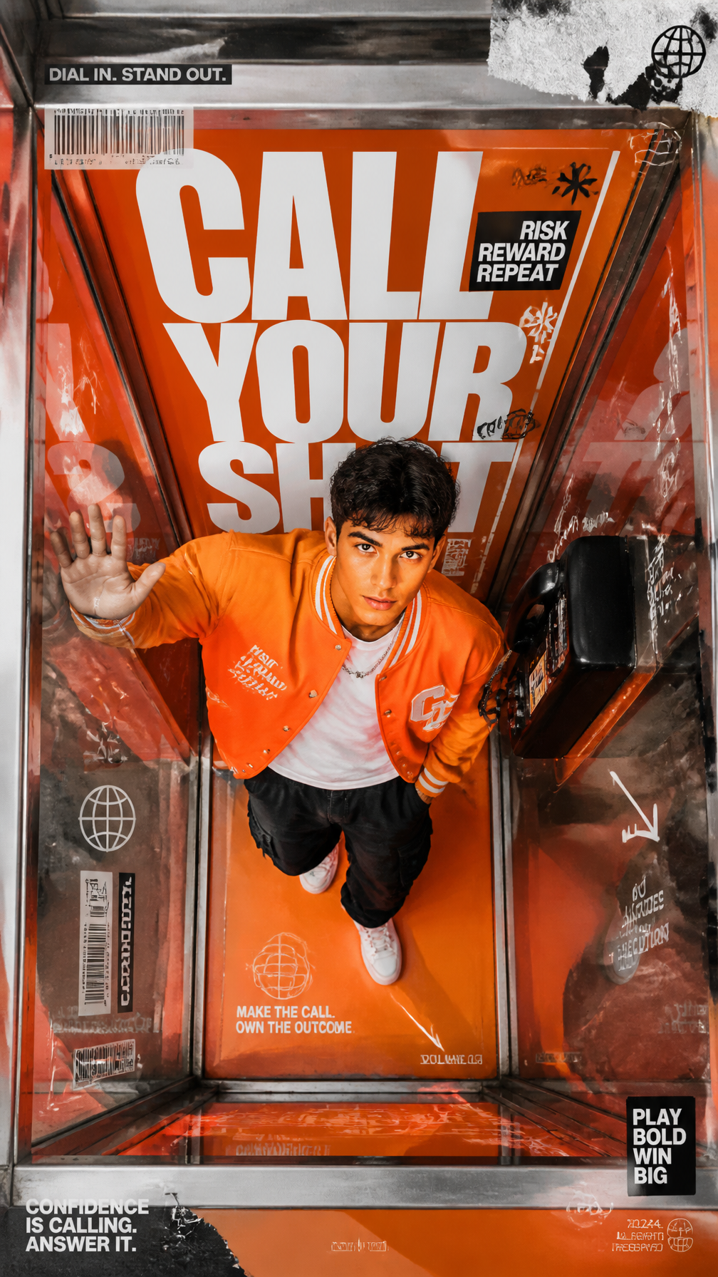 A premium 9:16 streetwear editorial advertising poster.Main Subject:A confident young mal…