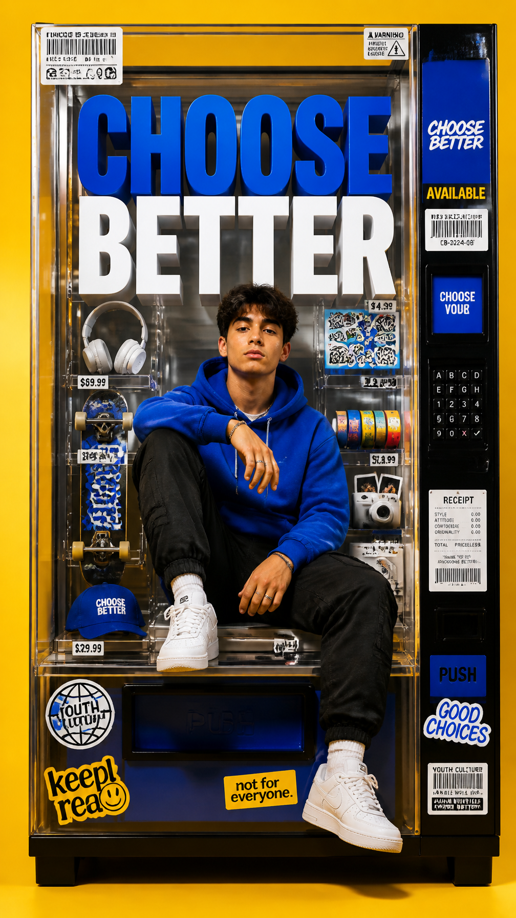A premium 9:16 youth-culture fashion campaign poster.Main Subject:A young male model sitt…