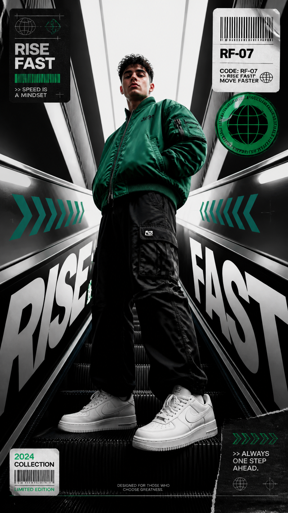 A premium 9:16 sports-fashion editorial advertising poster.Main Subject:A determined youn…