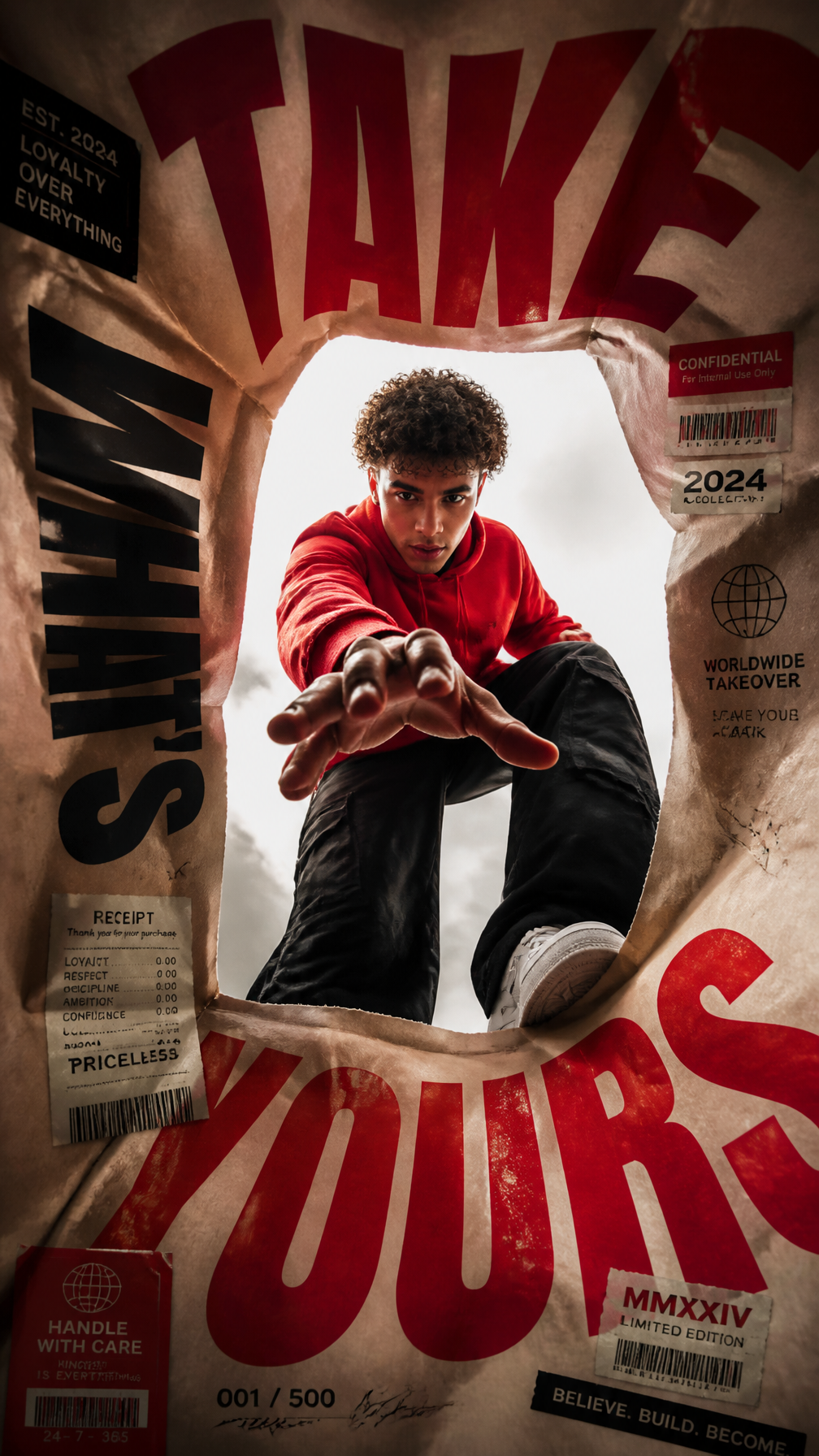 A premium 9:16 streetwear editorial advertising poster.Main Subject:A young male model lo…
