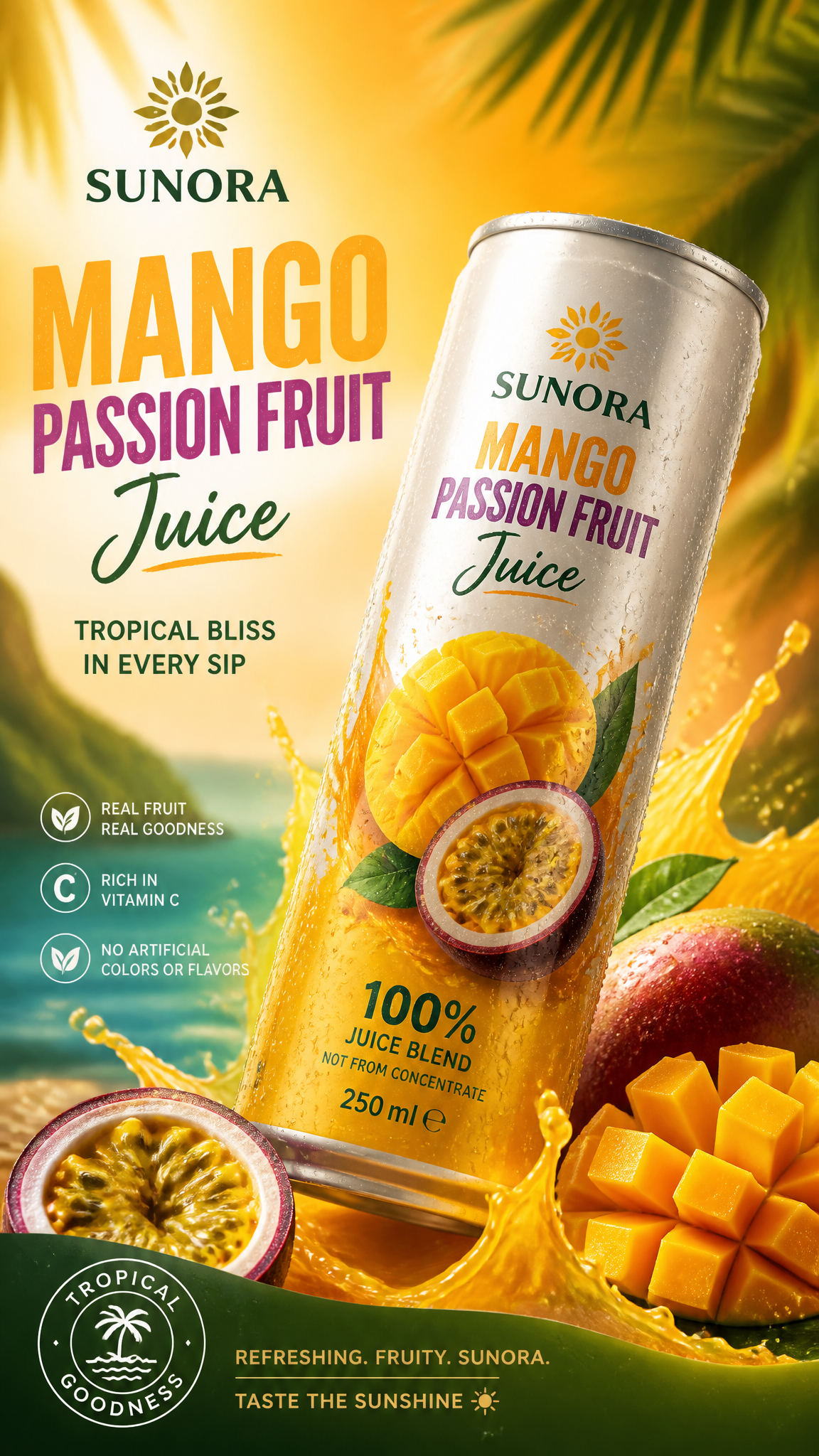 Create a vibrant tropical vertical 9:16 product advertising poster for Sunora Mango Passi…