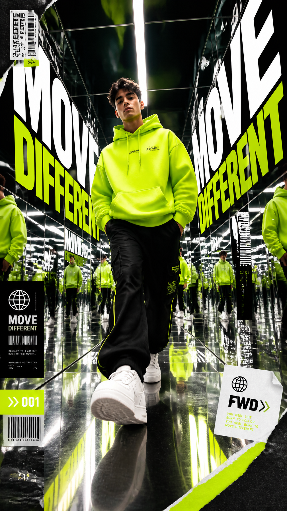 A premium 9:16 streetwear editorial advertising poster.Main Subject:A young male model wa…