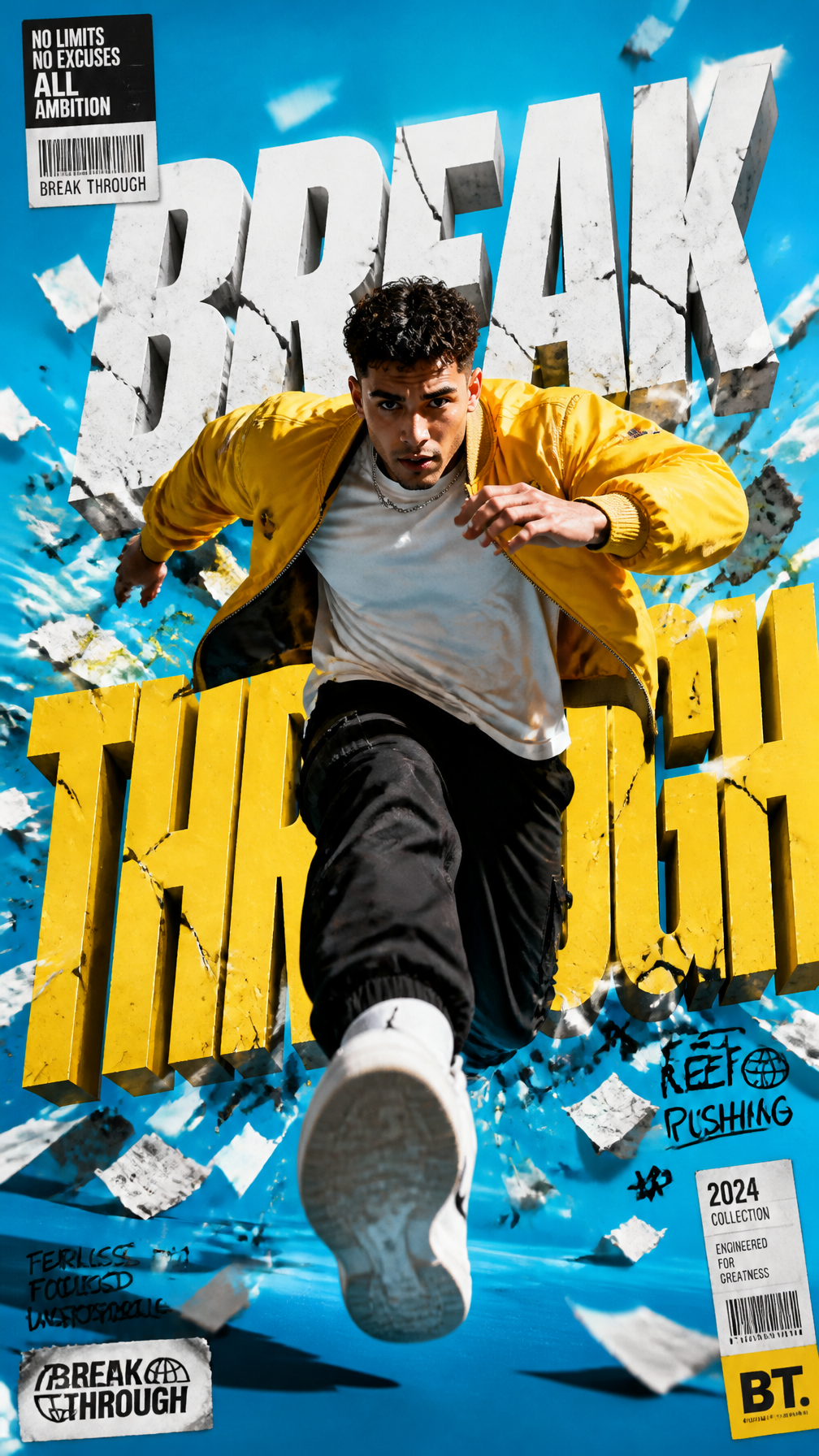 A premium 9:16 streetwear advertising poster.Main Subject: