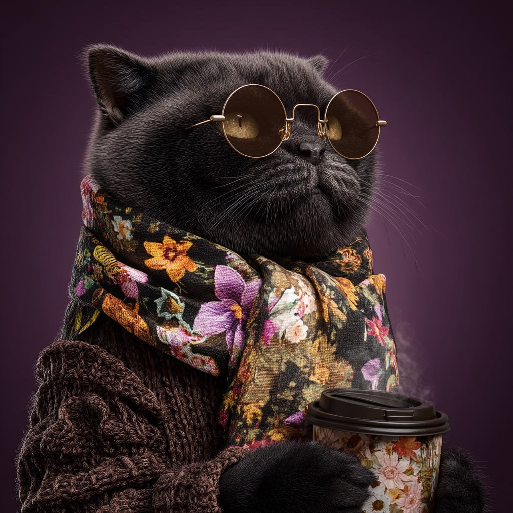 A black british shorthair cat wearing sunglasses and an elegant floral scarf is holding a…