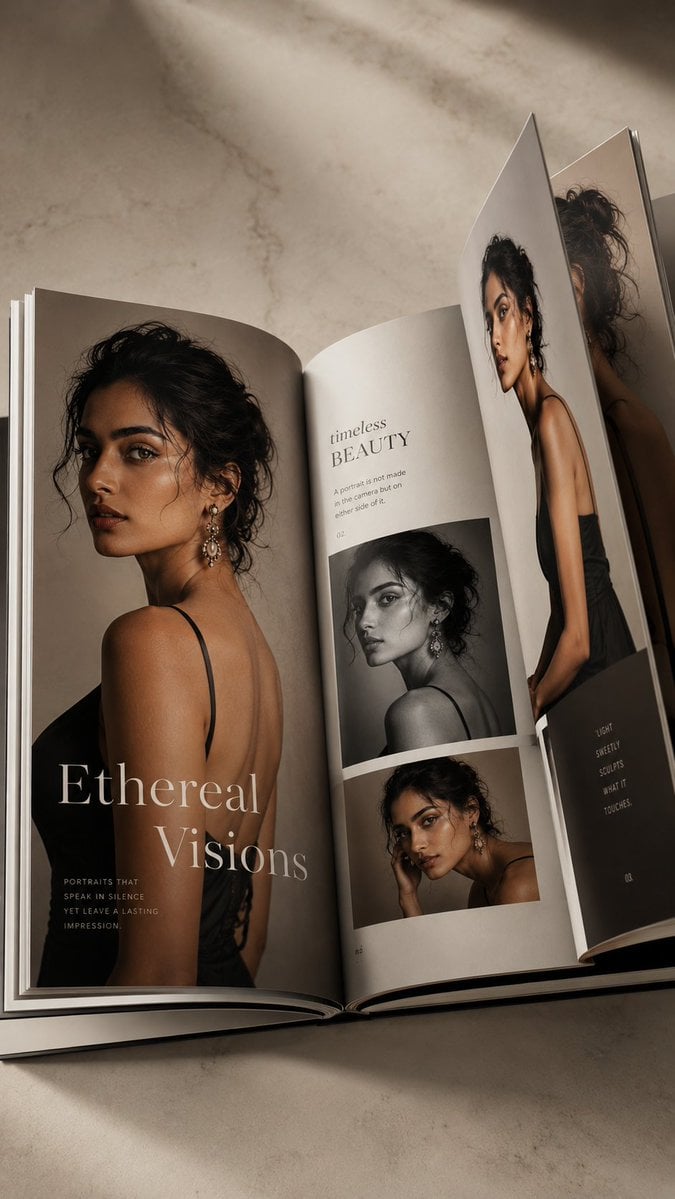 Luxury photorealistic coffee table book, open to two pages, showcasing an artistic compos…
