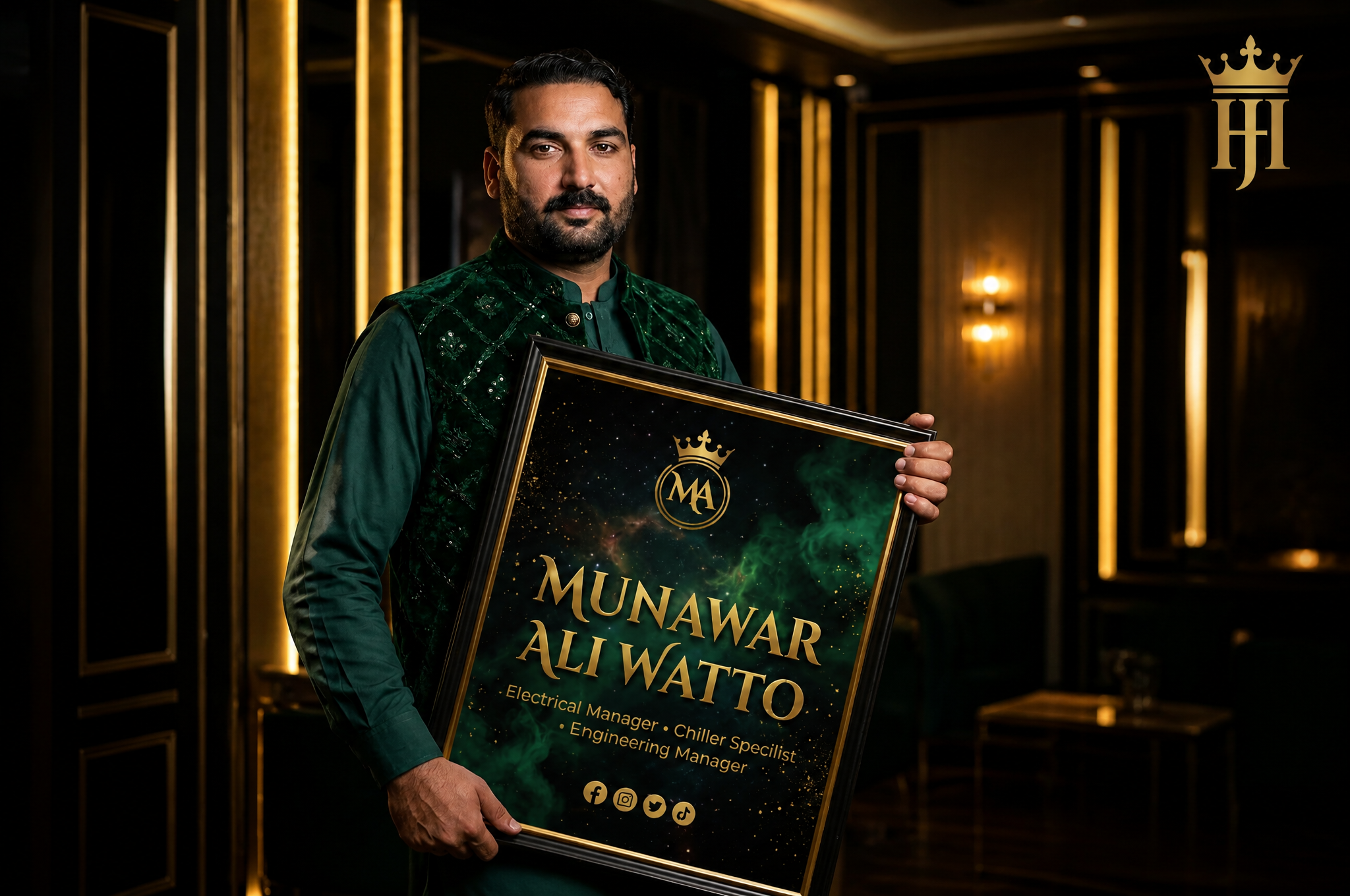 A professional Muslim man wearing a pakistani dress and wastecoat, holding a framed promo…